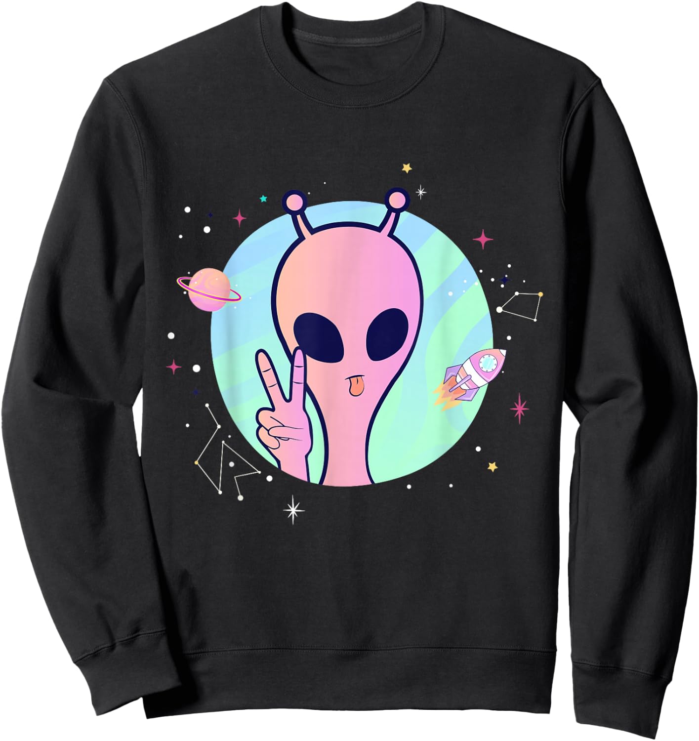 Peace Sign Hand Planet Stars UFO Cool Trippy Pink Alien Sweatshirt - Sweatshirt | Black