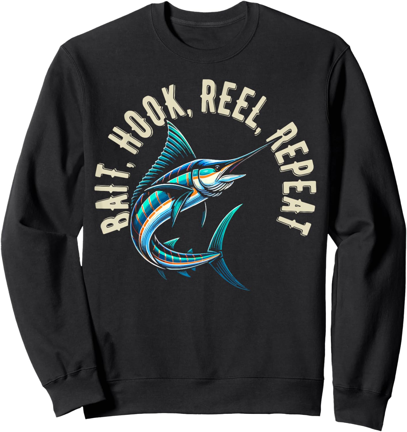 Bait Hook Reel Repeat Big Fish Jumping Fishing Design Sweatshirt - Sweatshirt | Black