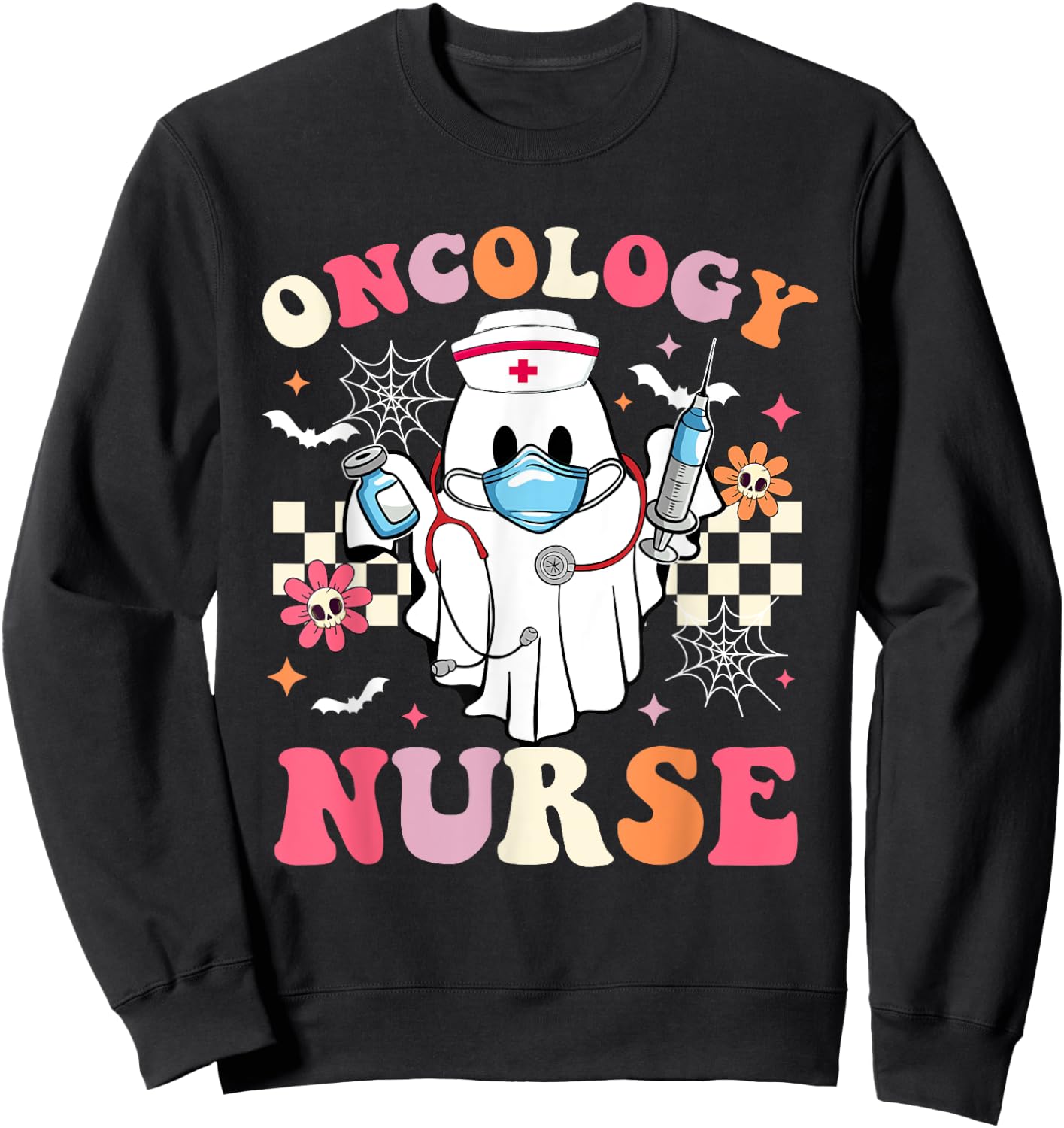 Spooky Oncology Nurse Ghost Halloween Cute Groovy Nursing Sweatshirt - Sweatshirt | Black