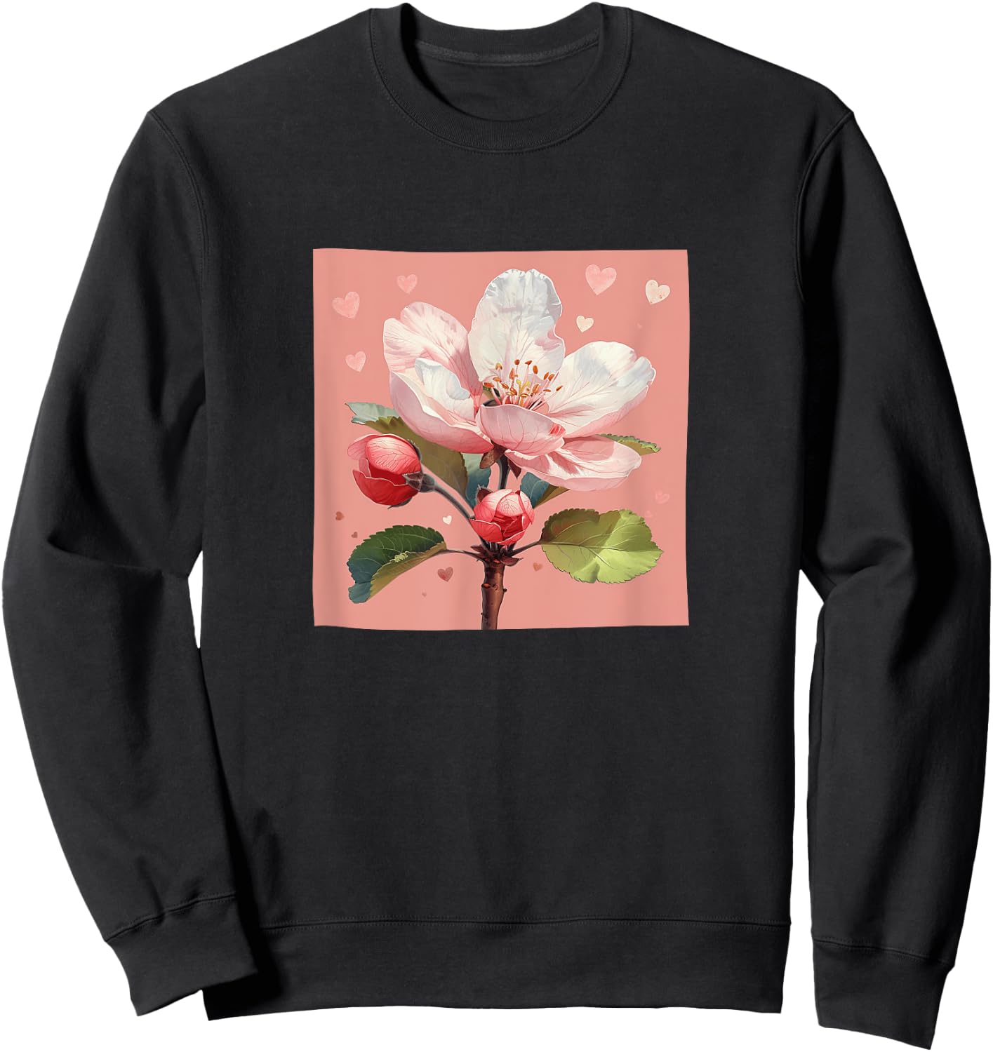 Apple Blossom Flower With Hearts Around Boho Style Graphic Sweatshirt - Sweatshirt | Black