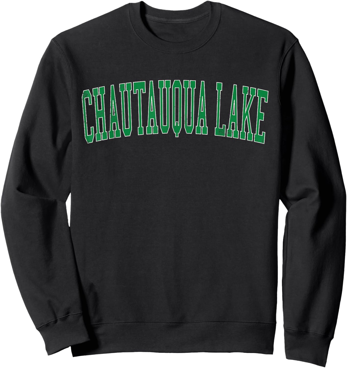 Vintage Chautauqua Lake Distressed Green Varsity Style Sweatshirt - Sweatshirt | Black