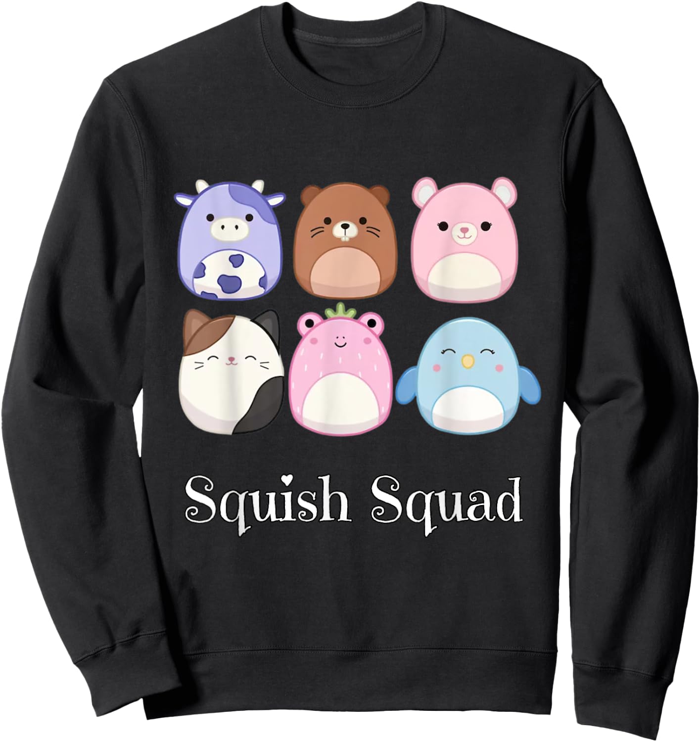 Squish Mallow Squad! Cow, Cat, Bird Stuffed Animal Plush Toy Sweatshirt - Sweatshirt | Black