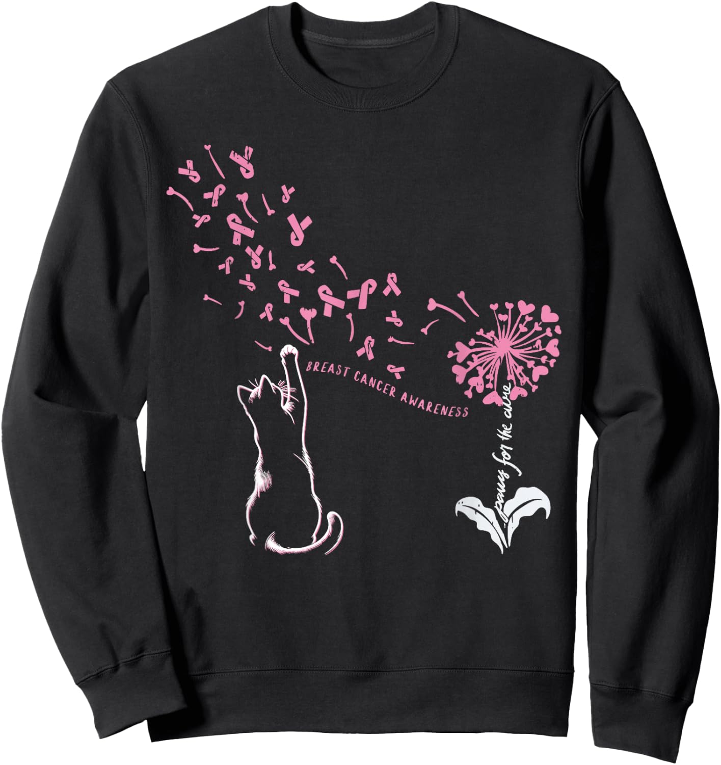 Cat Paw For Cure Support Breast Cancer Awareness Dandelion Sweatshirt - Sweatshirt | Black