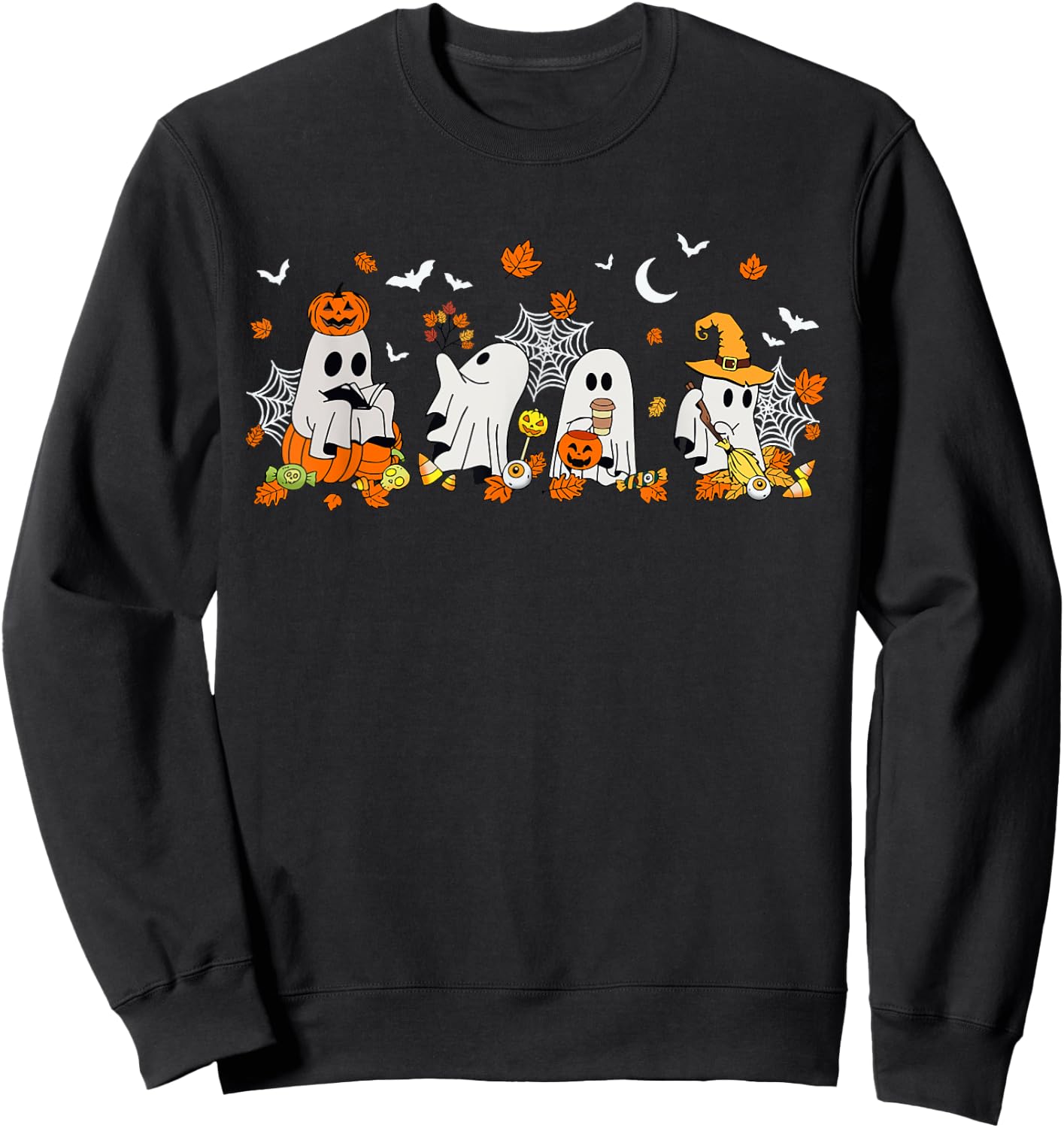 Cute Ghost Drinking Coffee Halloween Fall Ghost Book Reading Sweatshirt - Sweatshirt | Black