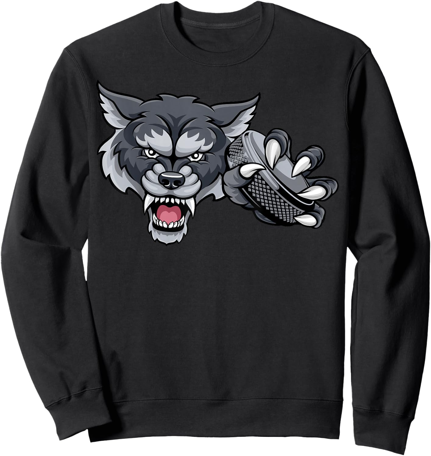 Wolf Cartoon Sports Wolves Team Mascot Holding Hockey Puck Sweatshirt - Sweatshirt | Black