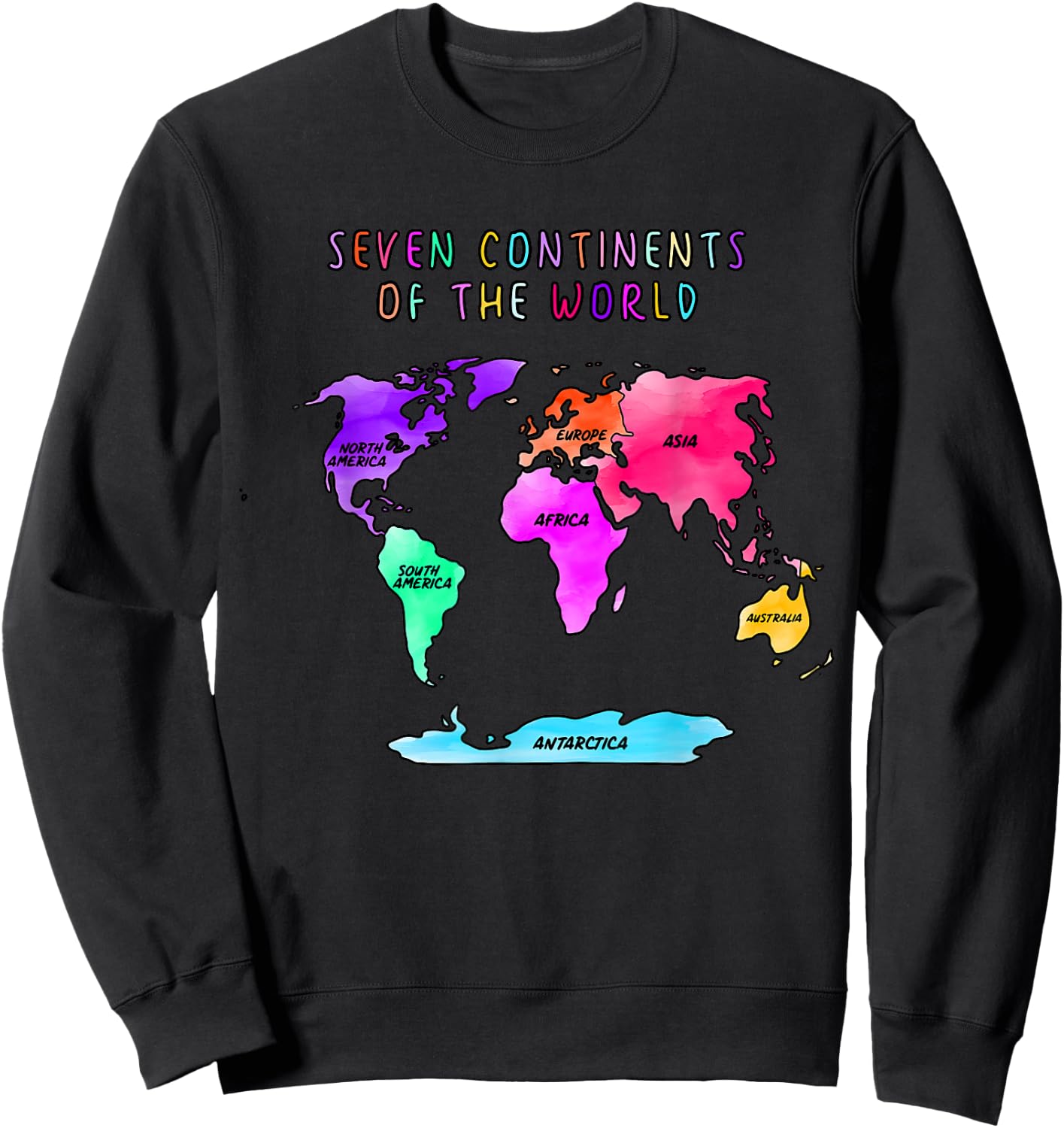 Simplified, watercolor world map, names of the continents Sweatshirt - Sweatshirt | Black