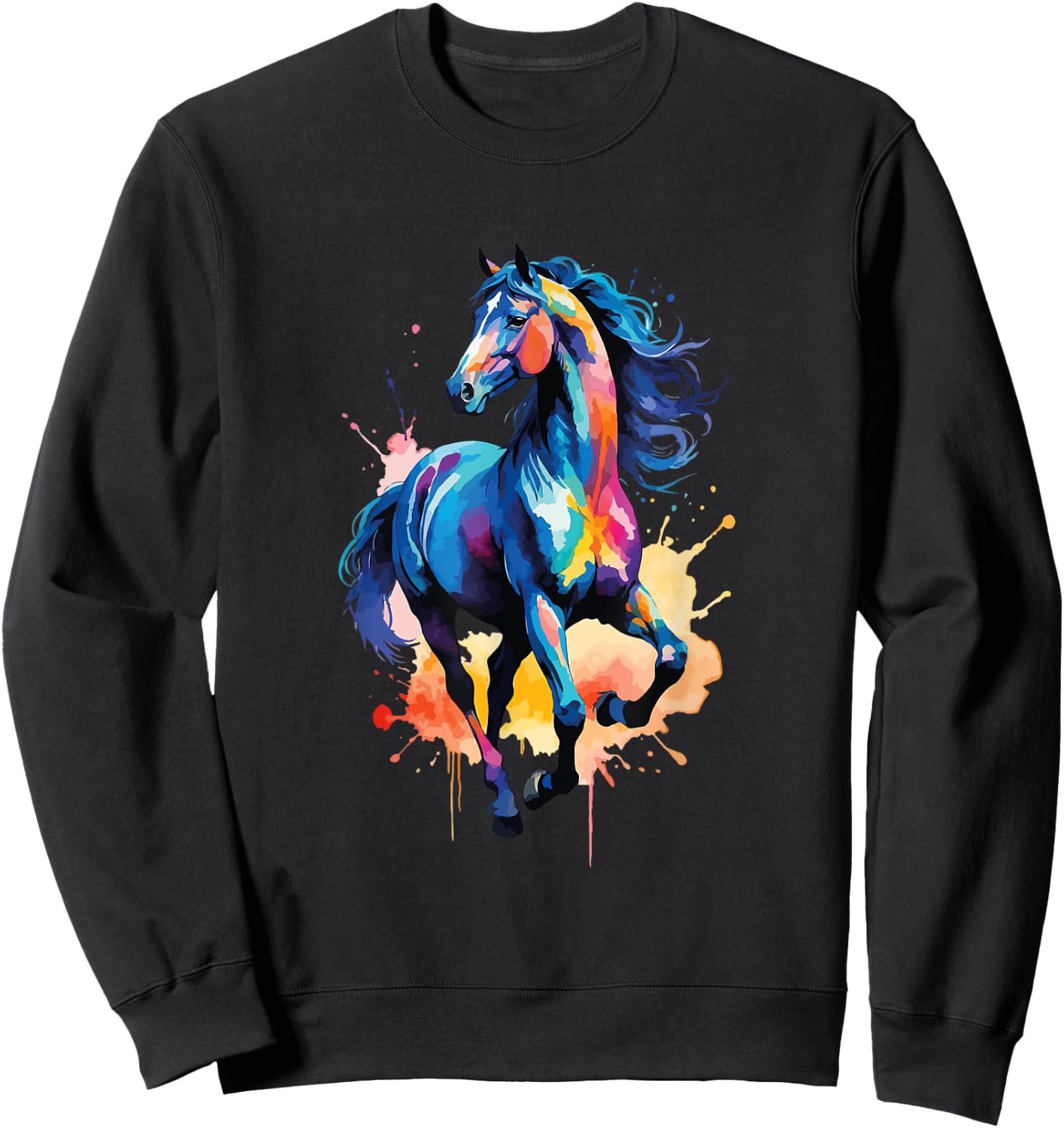 Colorful Horse Graphic Watercolor Style Horse Riding Sweatshirt - Sweatshirt | Black
