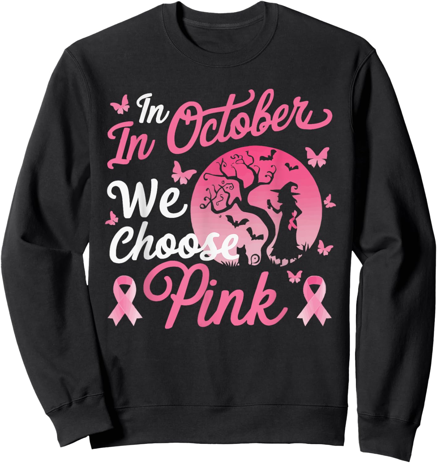 Halloween Breast Cancer Awareness Month Pink Ribbon Sweatshirt - Sweatshirt | Black