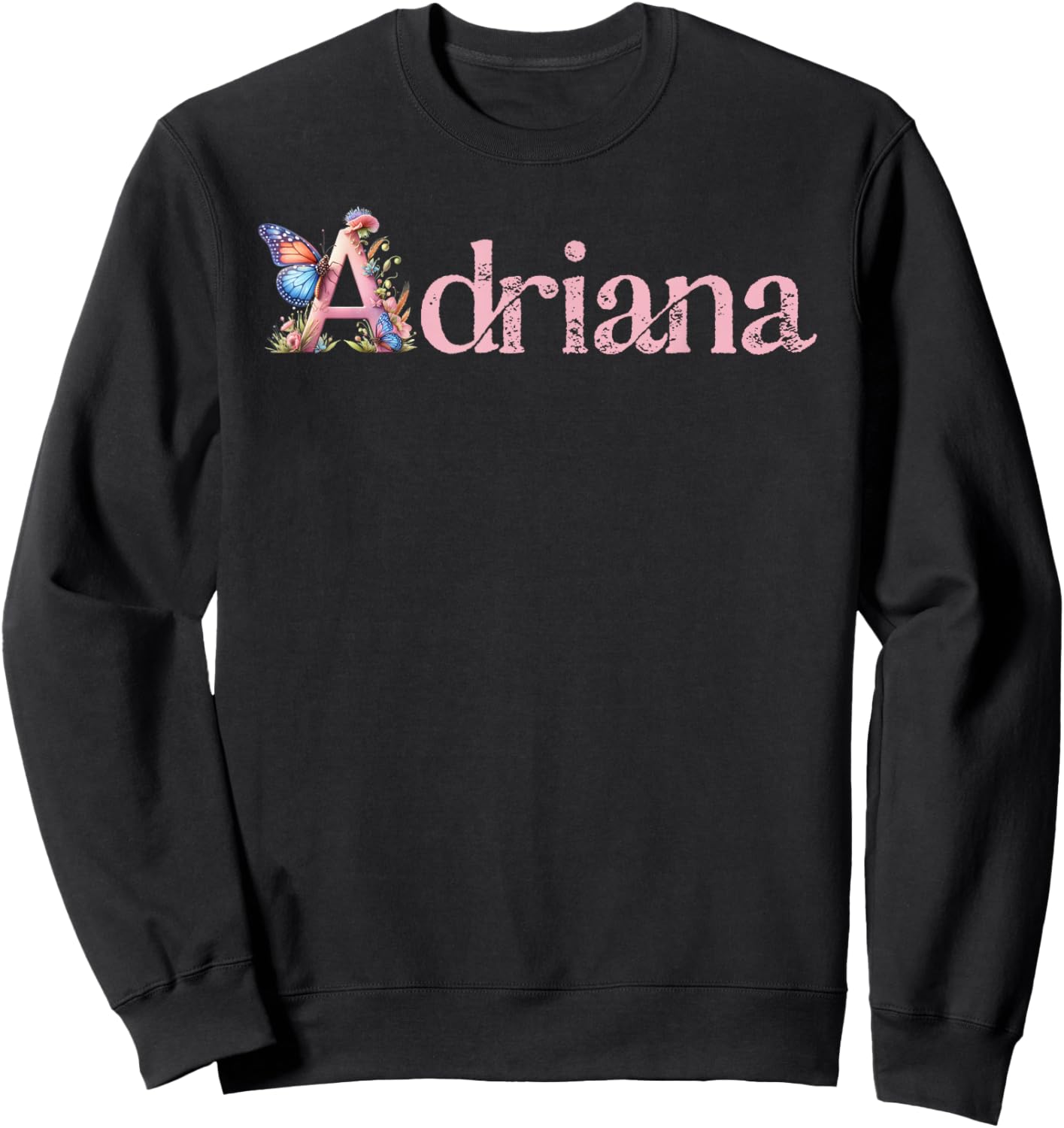 Adriana Initial A Spring Floral And Wings Name Sweatshirt - Sweatshirt | Black