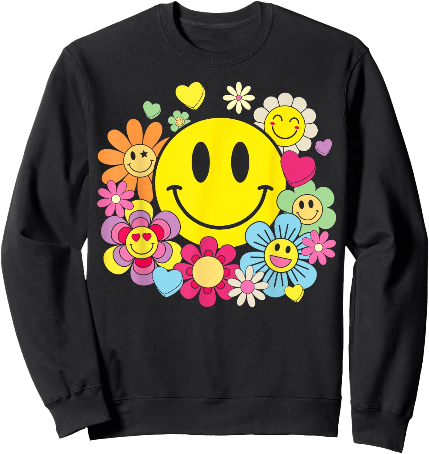 Retro Smile Face Flower Happy Face Flowers Heart Kids Girls Sweatshirt - Sweatshirt | Black