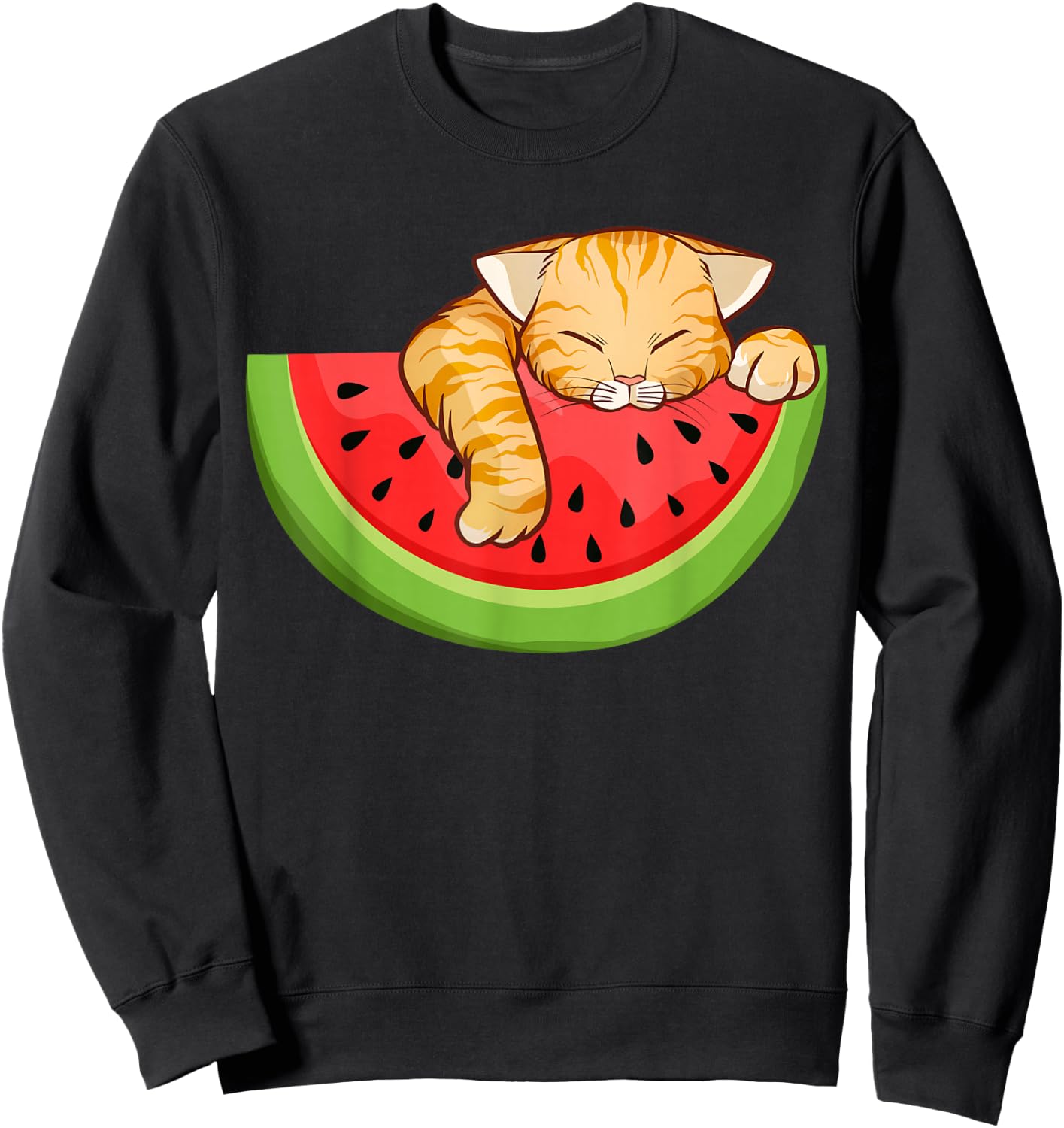 Cute Cat Eating Watermelon Fruit Summer Men Women Girls Sweatshirt - Sweatshirt | Black