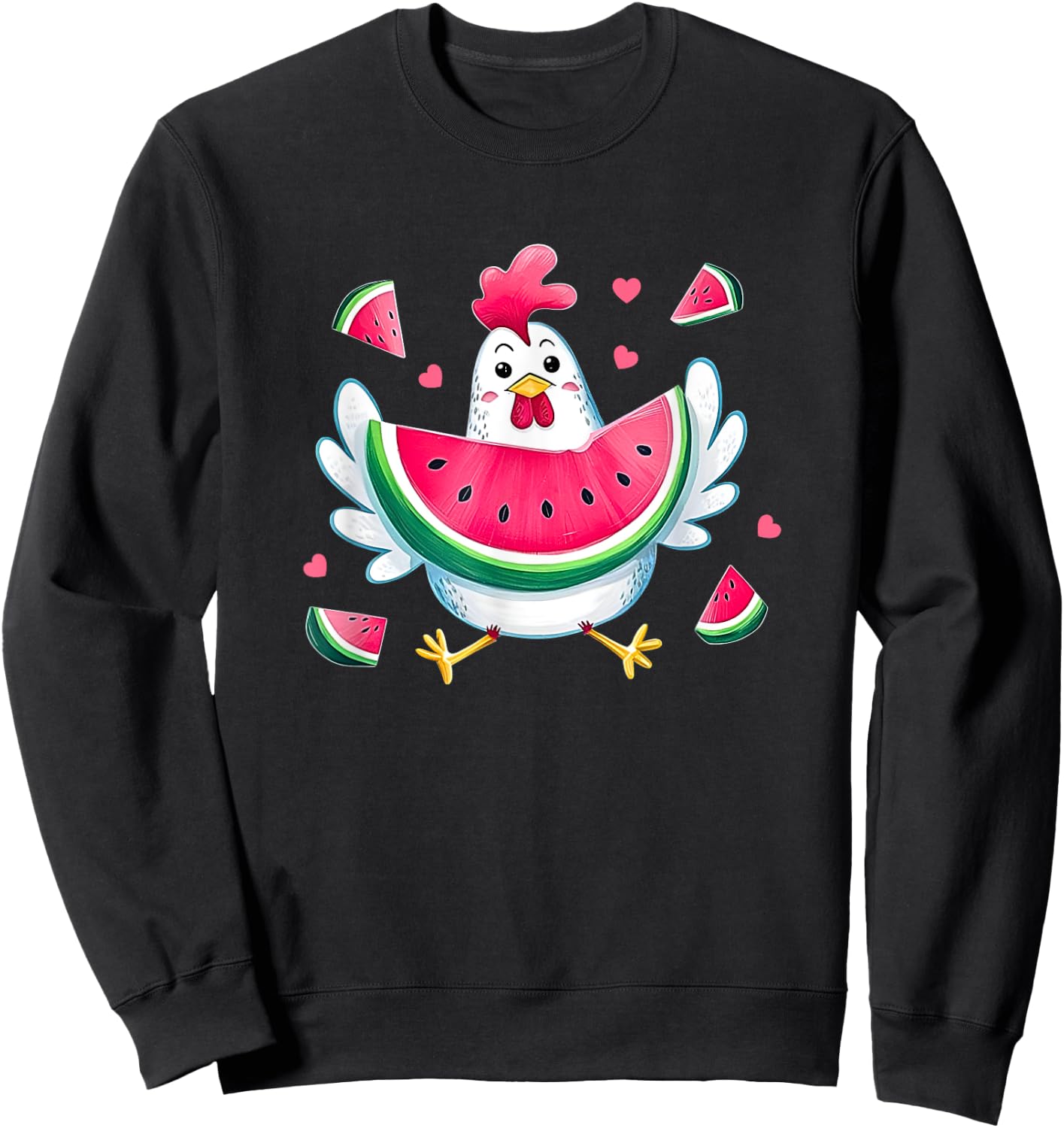 Cute Chicken Eating Watermelon Fruit Summer Funny Chicken Sweatshirt - Sweatshirt | Black
