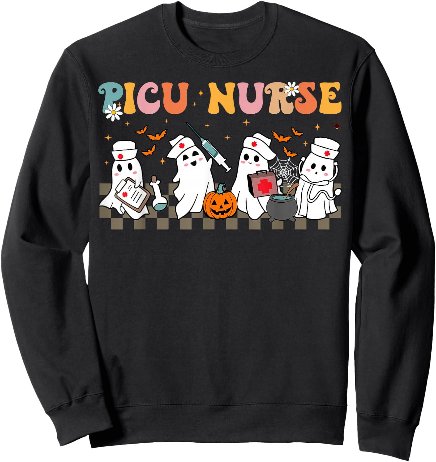 PICU Nurse Spooky Ghost Halloween Cute Nursing Costume Sweatshirt - Sweatshirt | Black