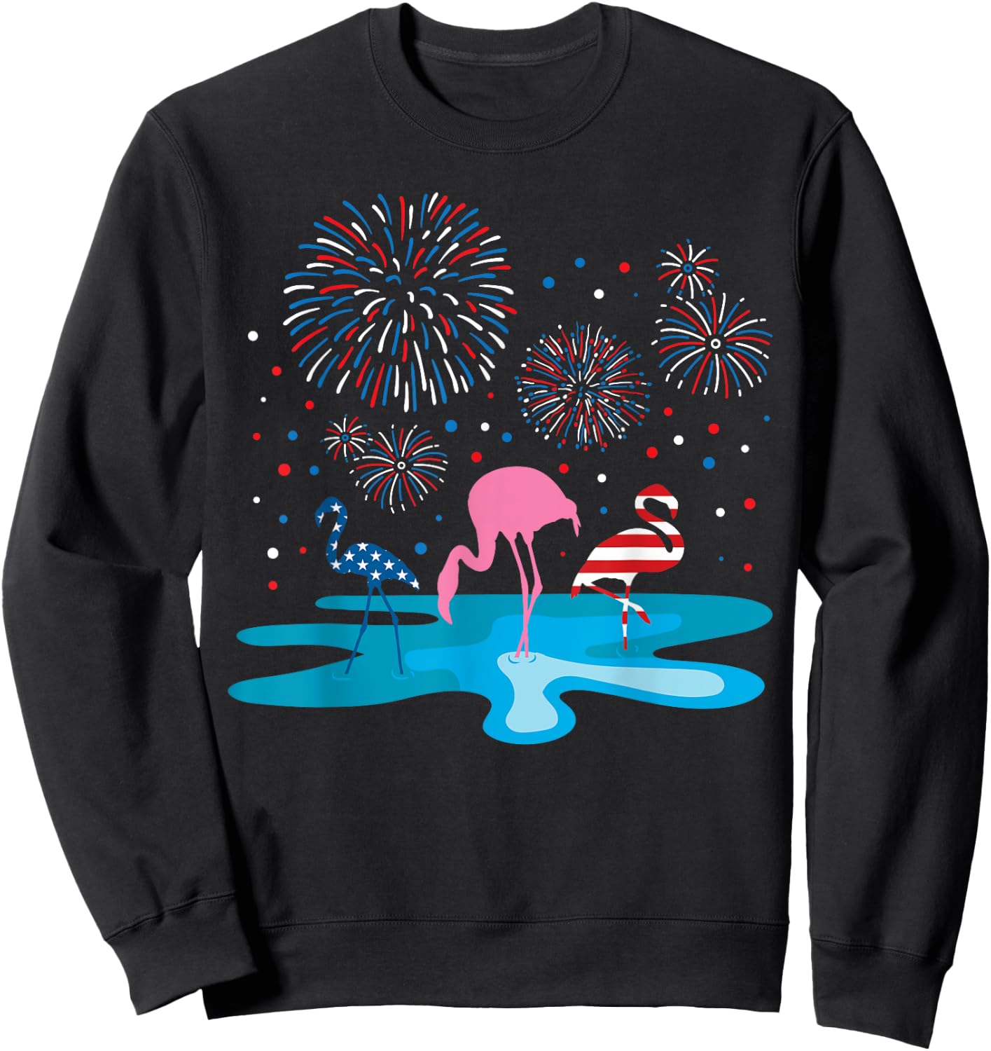 Flamingo 4th of July Fireworks Patriotic American USA Flag Sweatshirt - Sweatshirt | Black