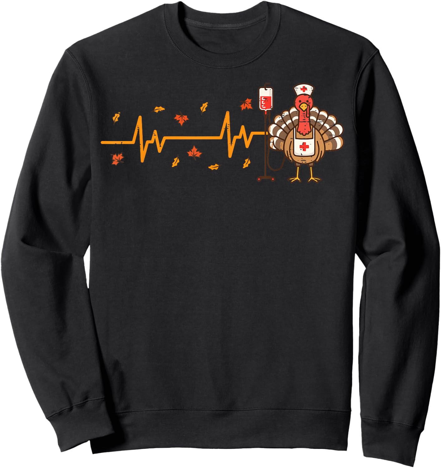 Thanksgiving Nurse Heartbeat Turkey Fall Scrub Top Women Men Sweatshirt - Sweatshirt | Black