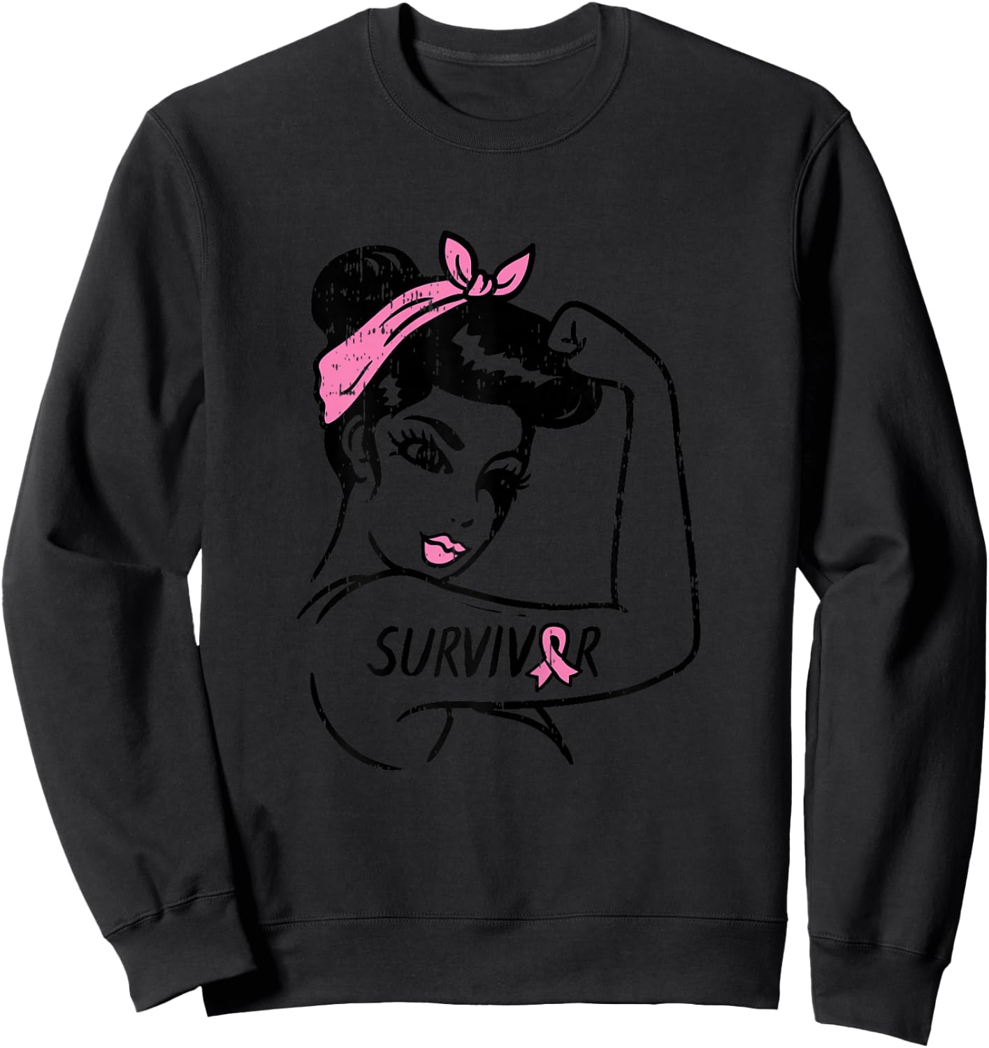 Rosie Riveter Breast Cancer Survivor Ribbon Awareness Women Sweatshirt - Sweatshirt | Black