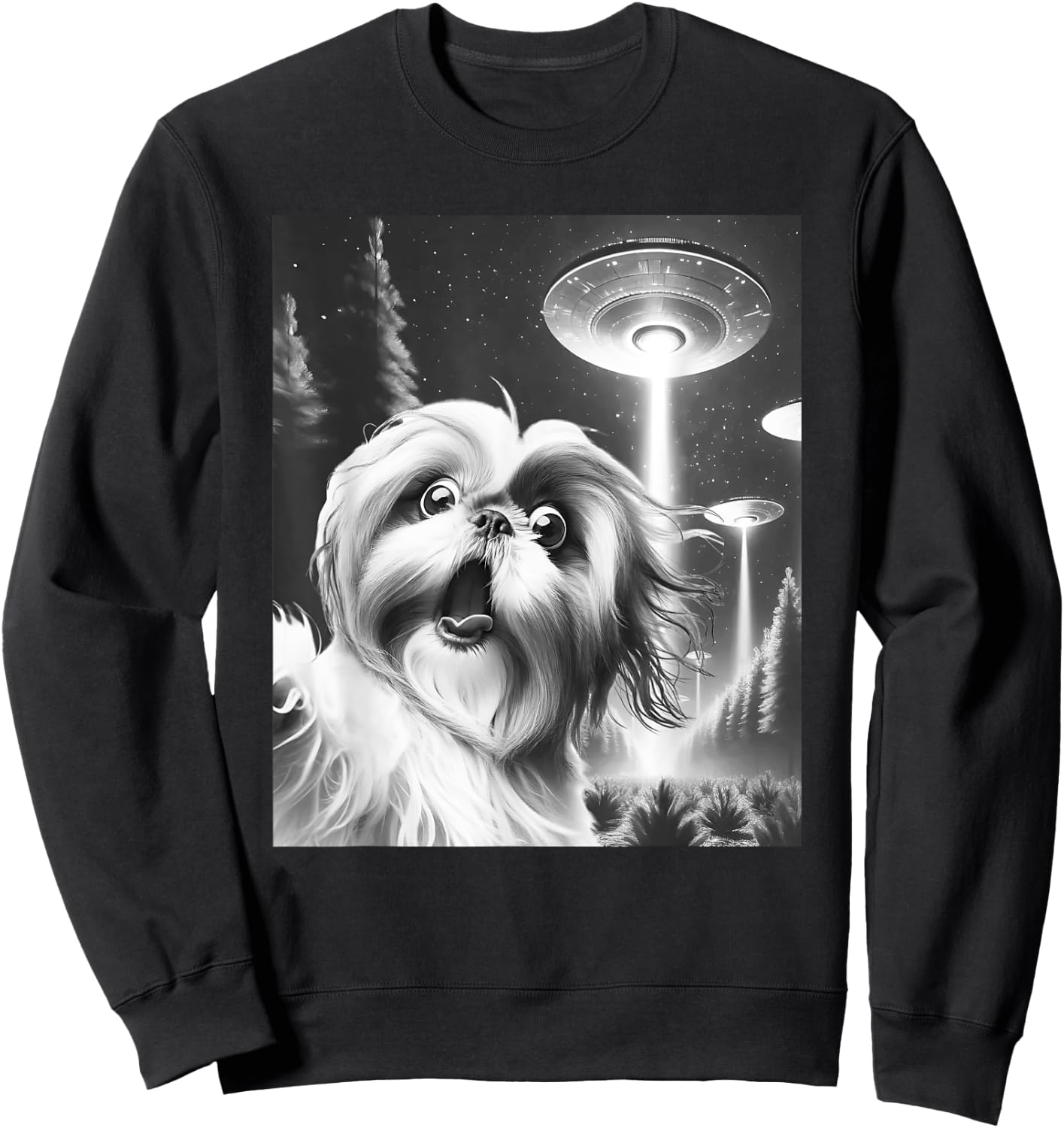 Funny Shih Tzu Alien UFO Taking a Selfie Dog Mom Dad Men Women Girls Kids Sweatshirt - Sweatshirt | Black