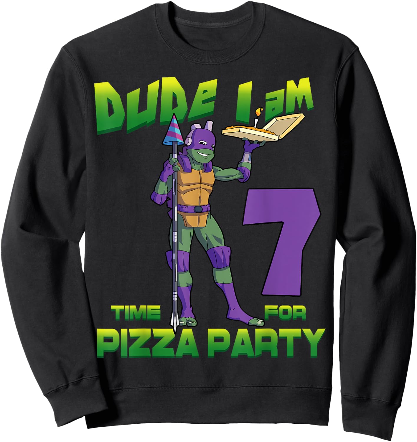 Mademark x Teenage Mutant Ninja Turtles - Dude I am 7 Years Old Donnie Pizza Birthday Party Sweatshirt - Sweatshirt | Black