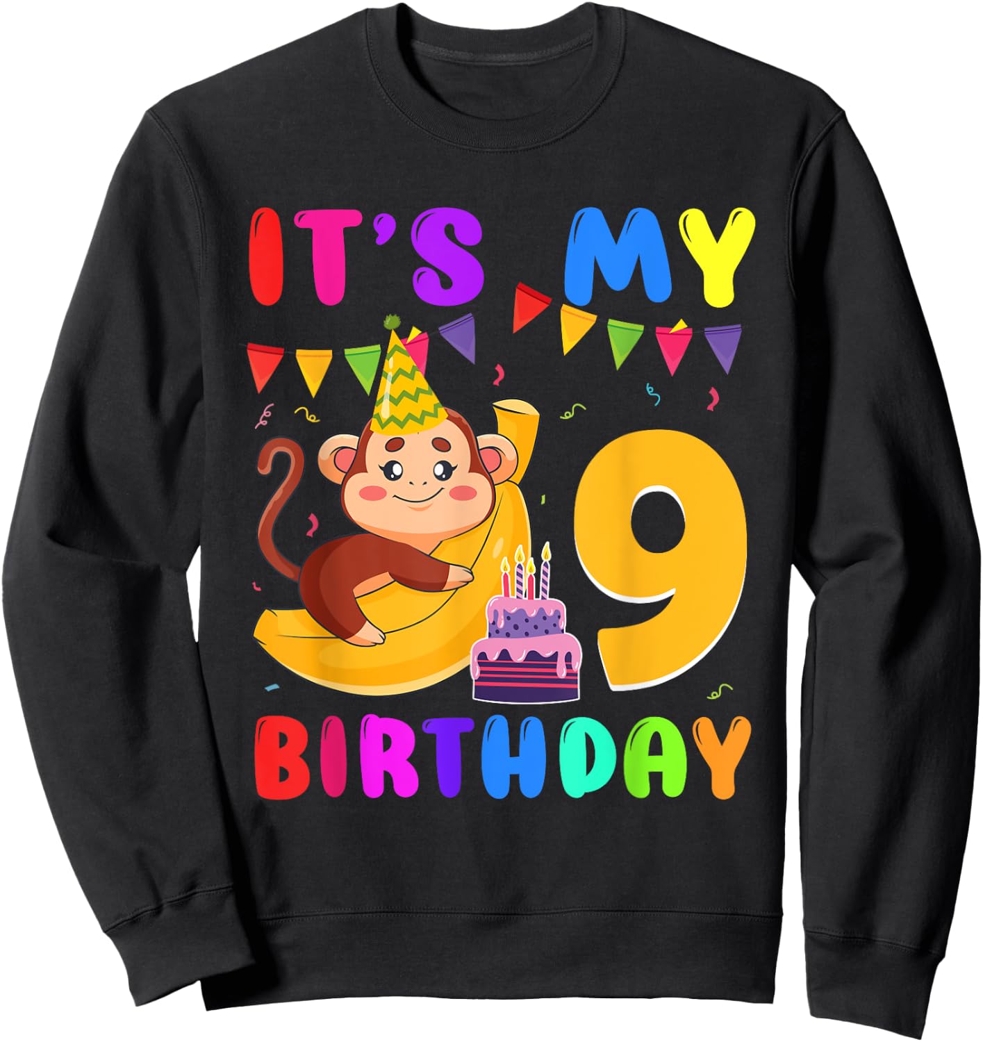 It's My 9th Birthday Monkey 9 Year Old Party Boys Girls Kids Sweatshirt - Sweatshirt | Black