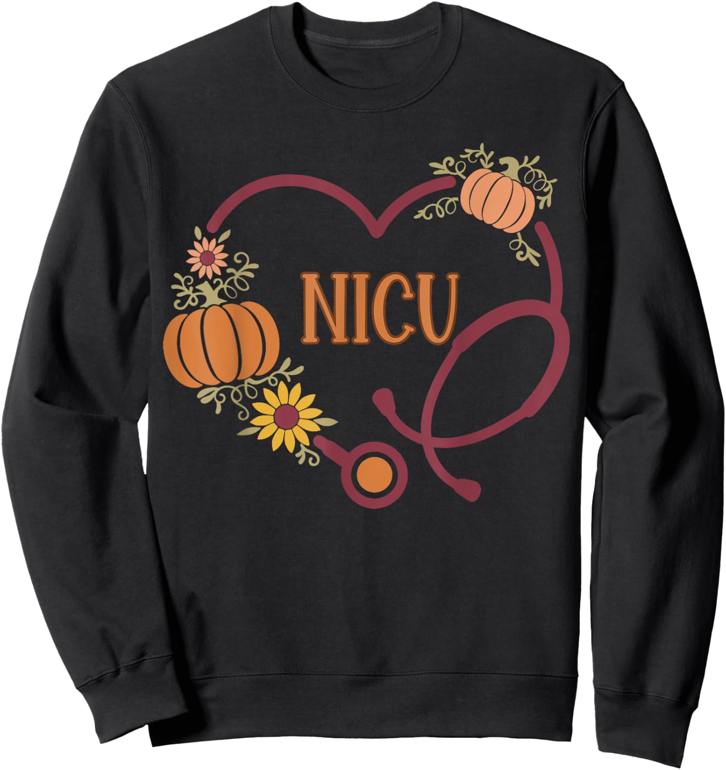 Retro NICU Nurse Stethoscope Heart Pumpkin Fall Thanksgiving Sweatshirt - Sweatshirt | Black