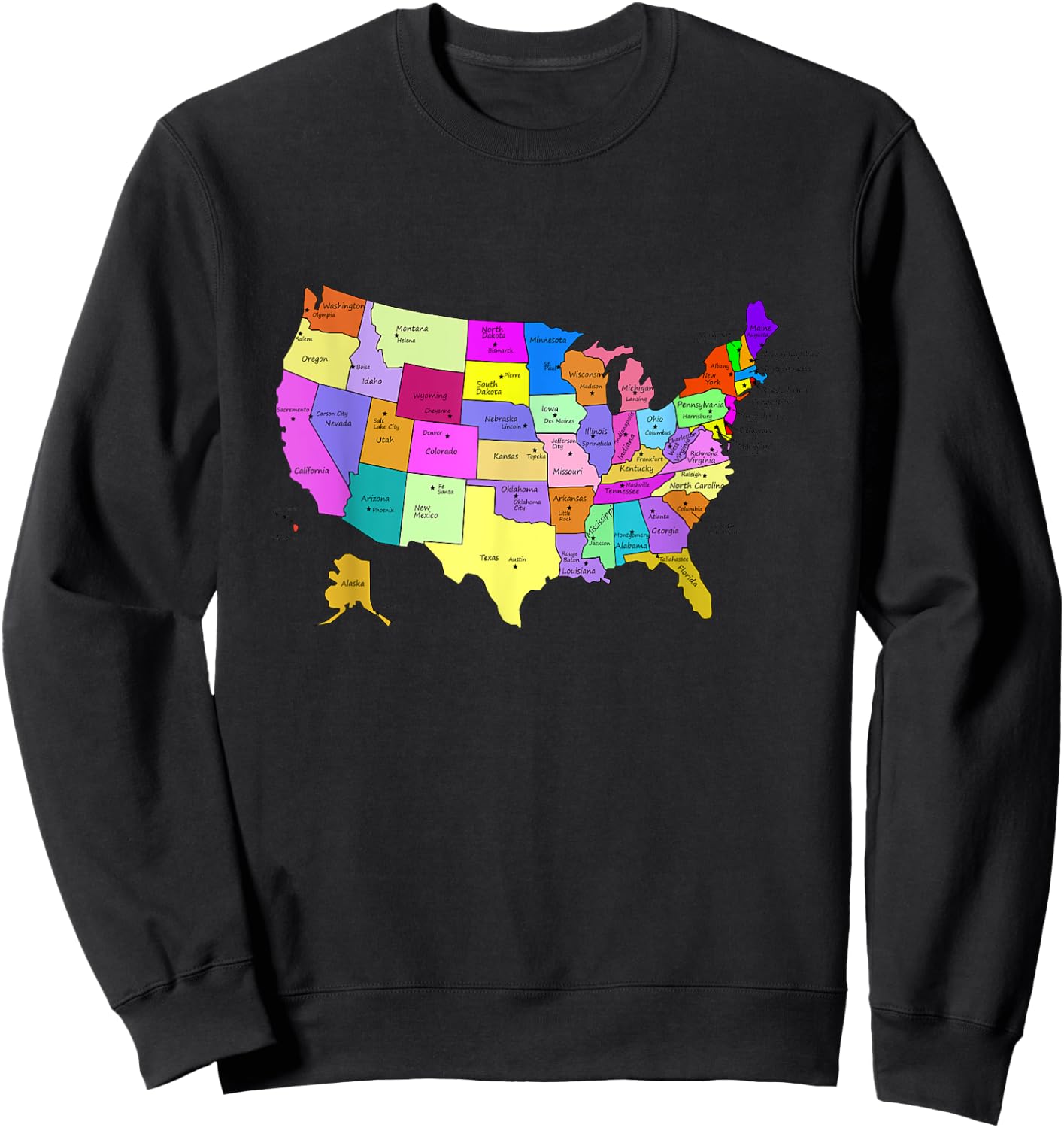 States & Capitals Colorful USA Map School Geography Sweatshirt - Sweatshirt | Black