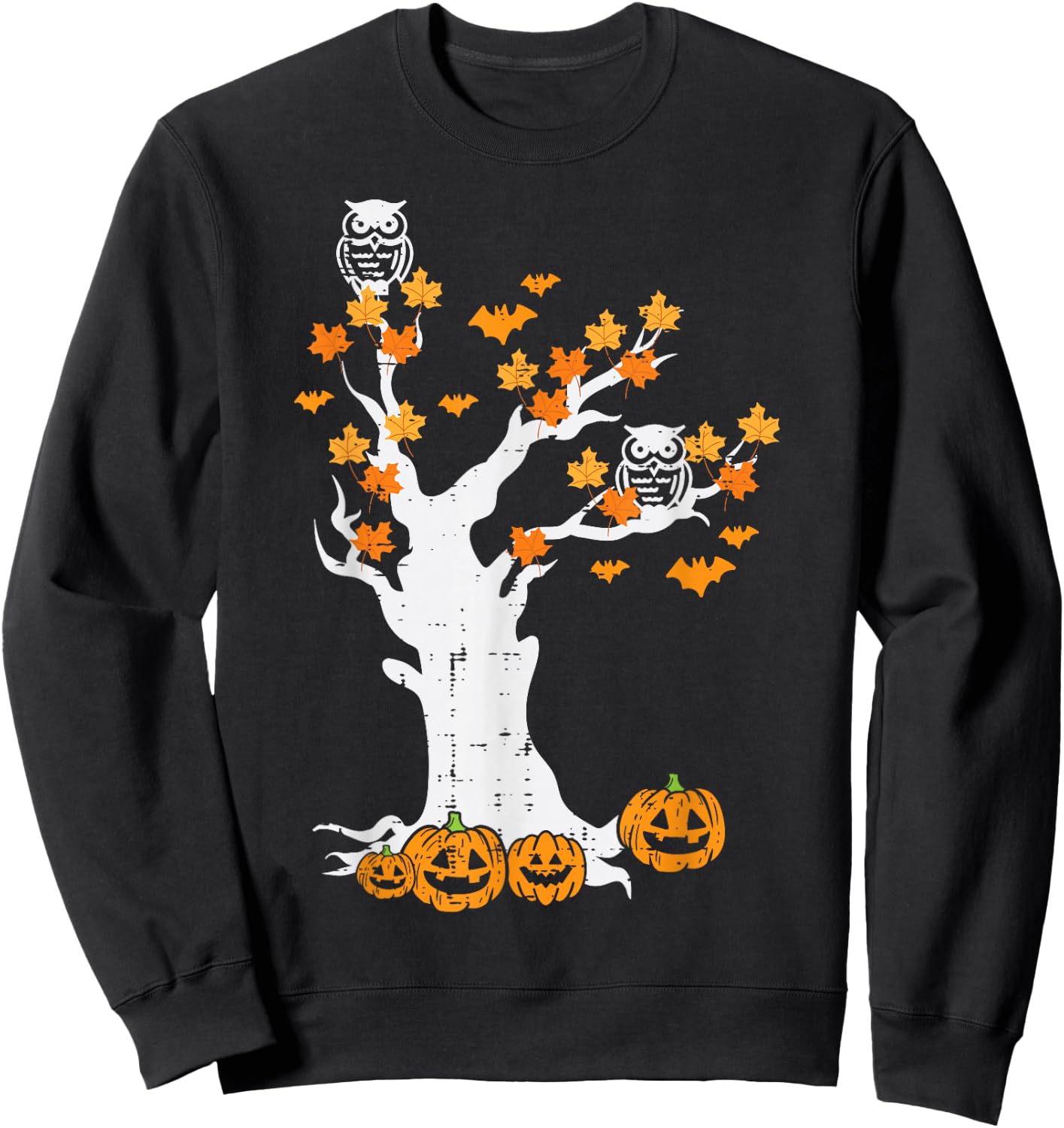 Halloween Tree Owl Leaves Pumpkin Fall Costume Women Kid Men Sweatshirt - Sweatshirt | Black