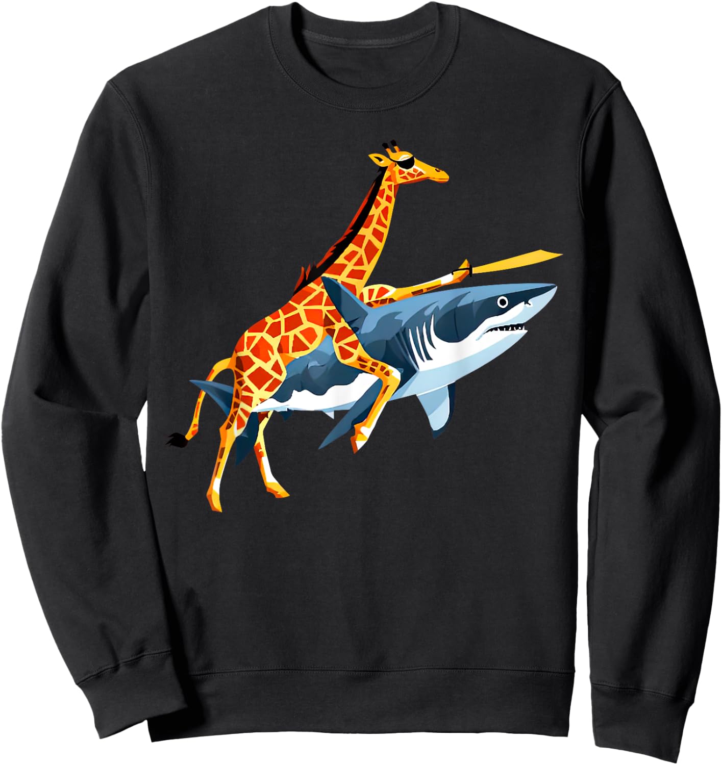 Retro Giraffe Riding Shark Funny Animal Lover Graphic Sweatshirt - Sweatshirt | Black
