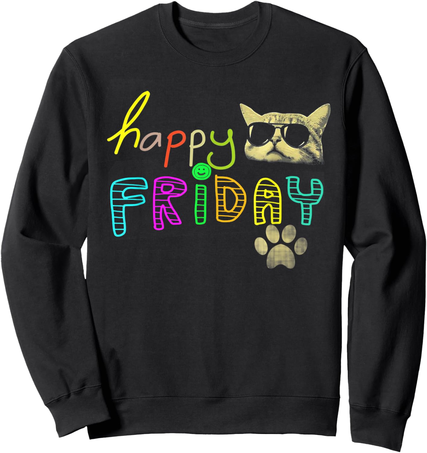 Funny cat lovers Happy Friday Cute Rainbow Graphic Women Kids Sweatshirt - Sweatshirt | Black