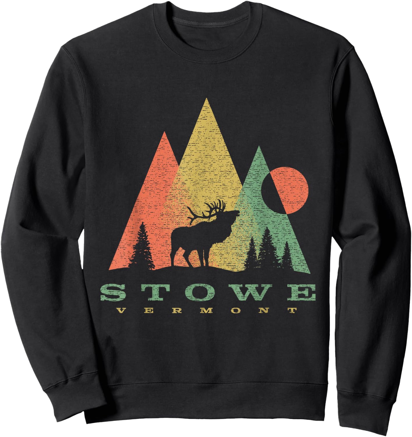 Vintage Geometric Mountains Deer Stowe Vermont Vacation Sweatshirt - Sweatshirt | Black