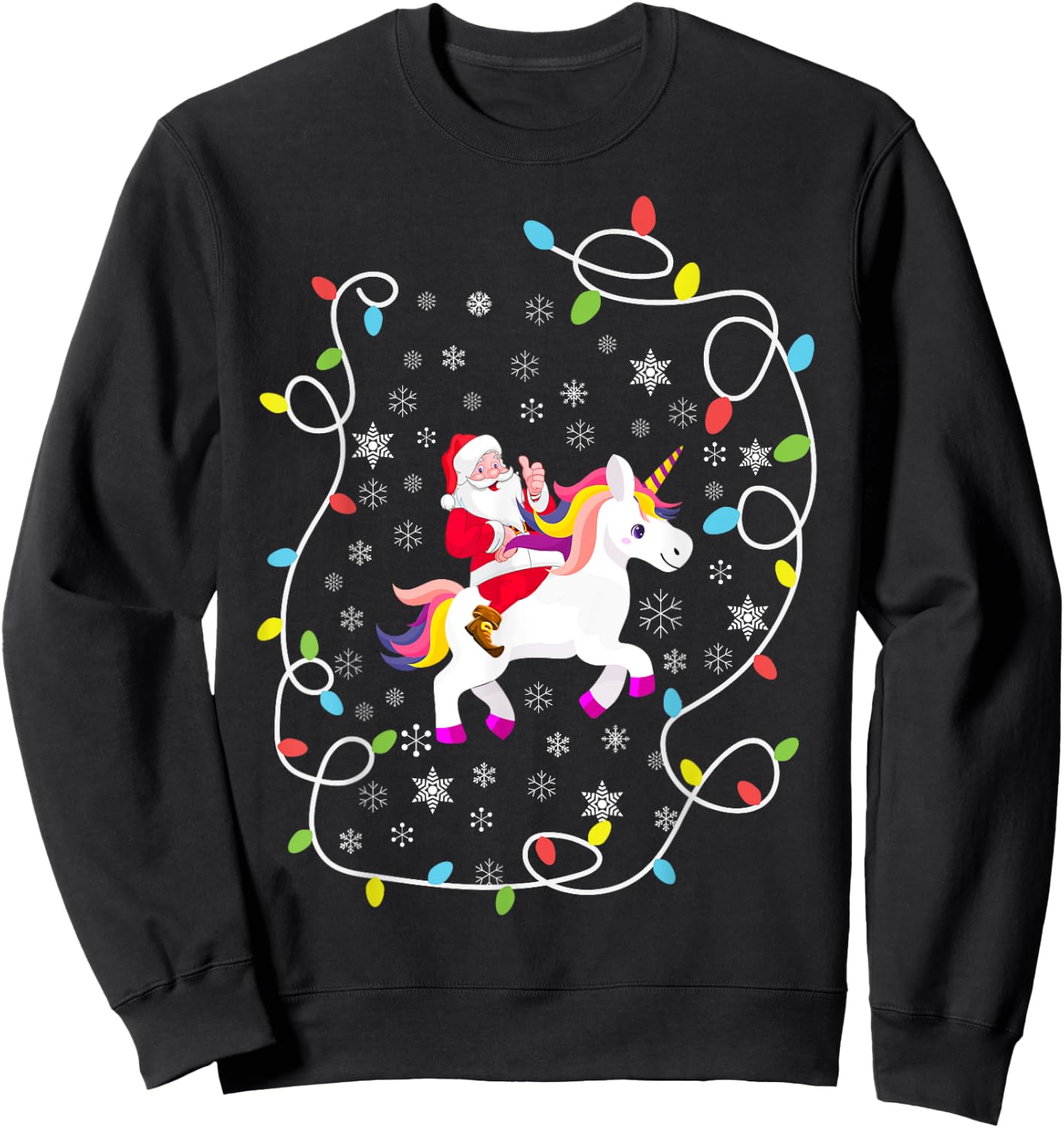 Santa Riding Unicorn Christmas Lights Merry Christmas Tree Sweatshirt - Sweatshirt | Black