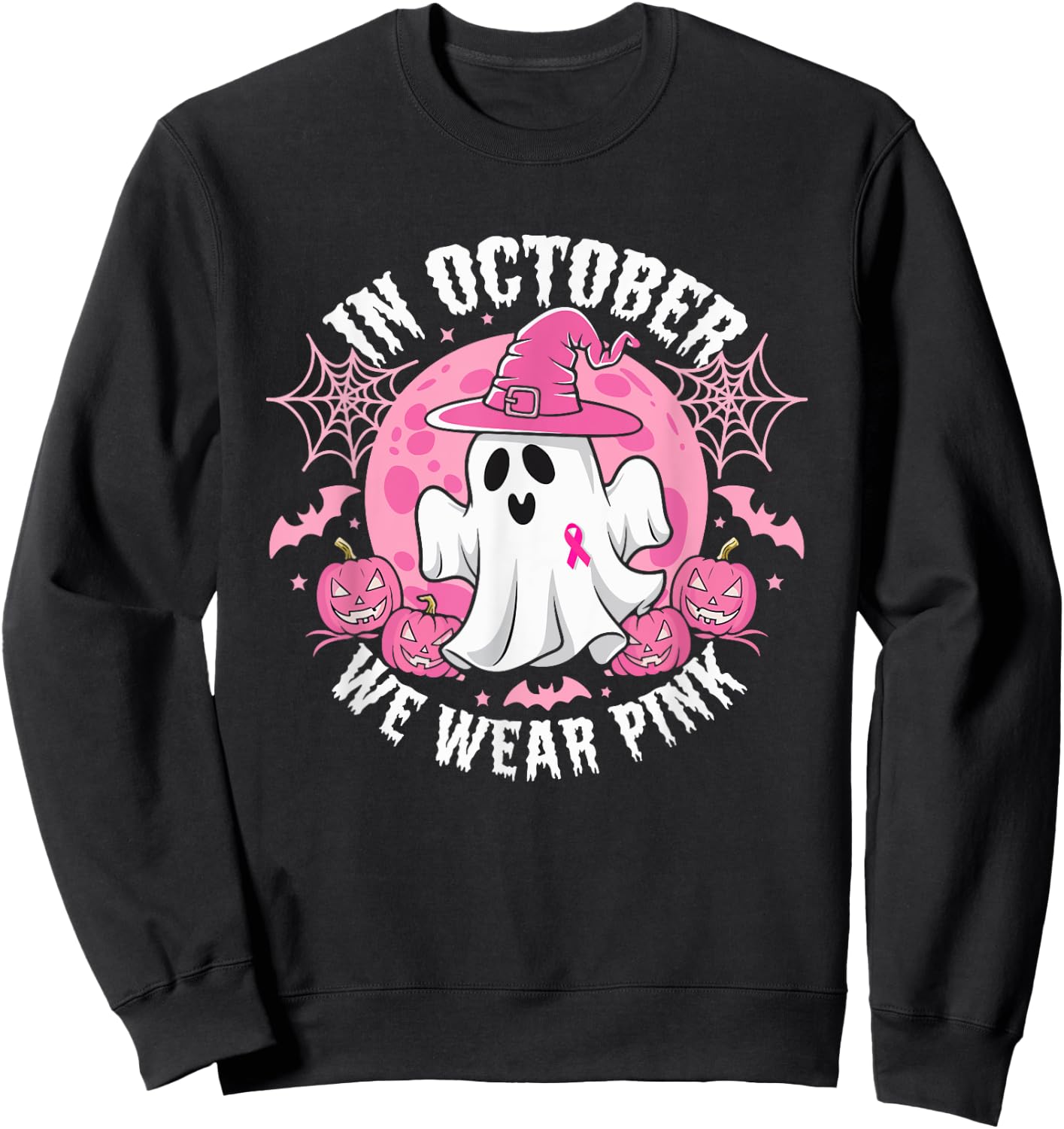 In October We Wear Pink Ribbon Ghost Witch Hat Halloween Sweatshirt - Sweatshirt | Black