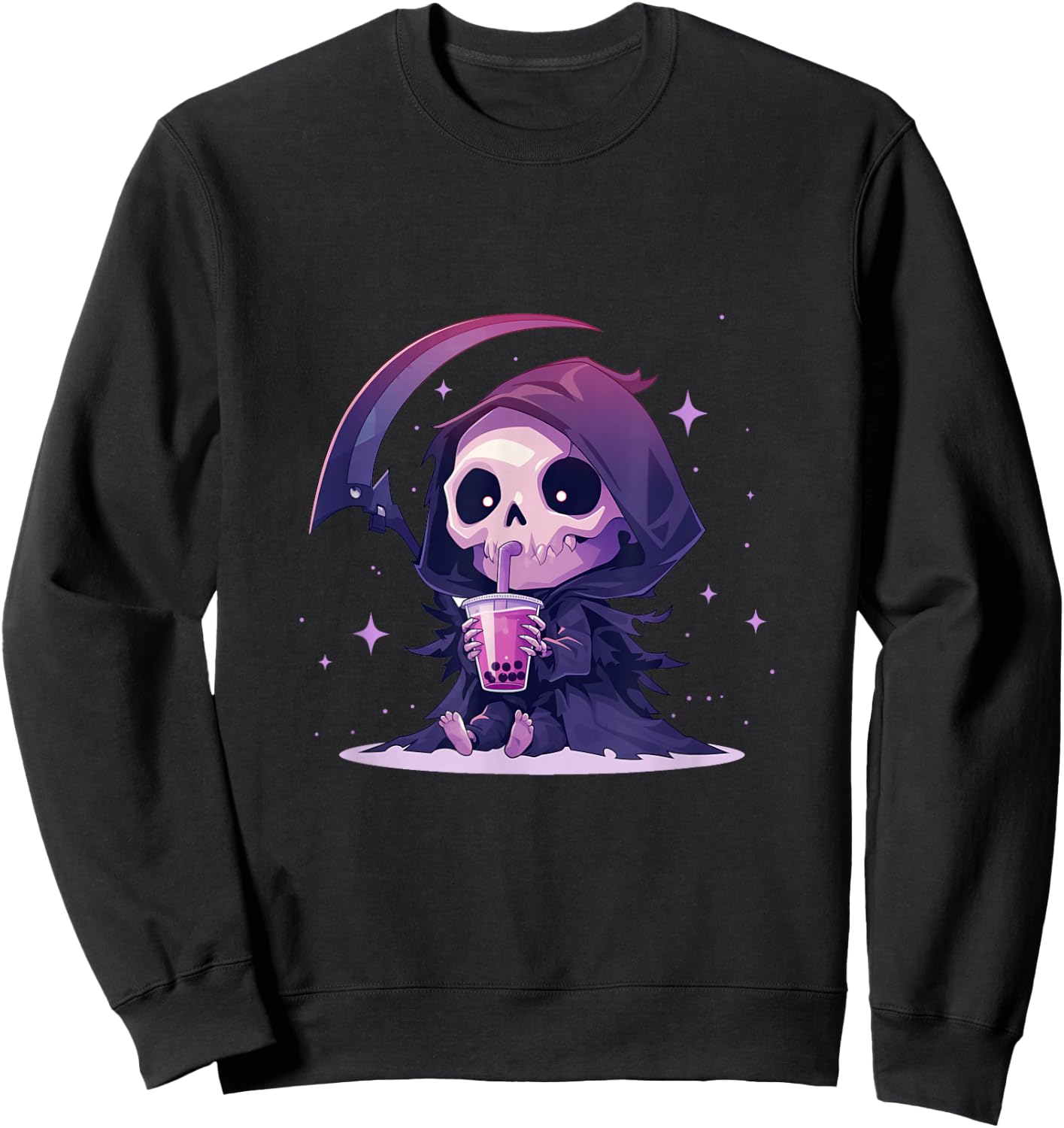Chibi Grim Reaper Drinking Boba Tea Sweatshirt - Sweatshirt | Black