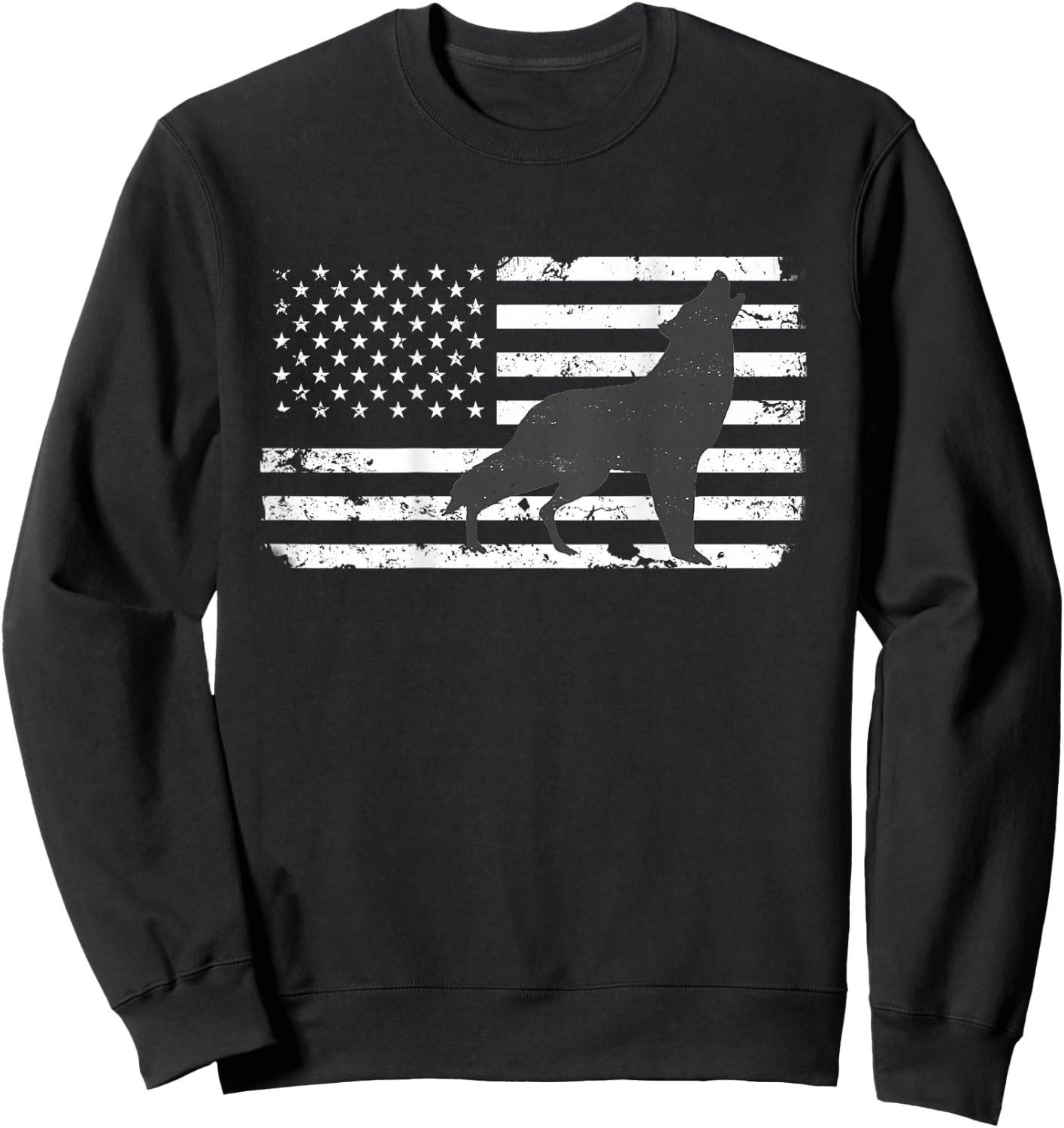 Gray Lone Wolf Distressed American Flag BACK PRINT Sweatshirt - Sweatshirt | Black