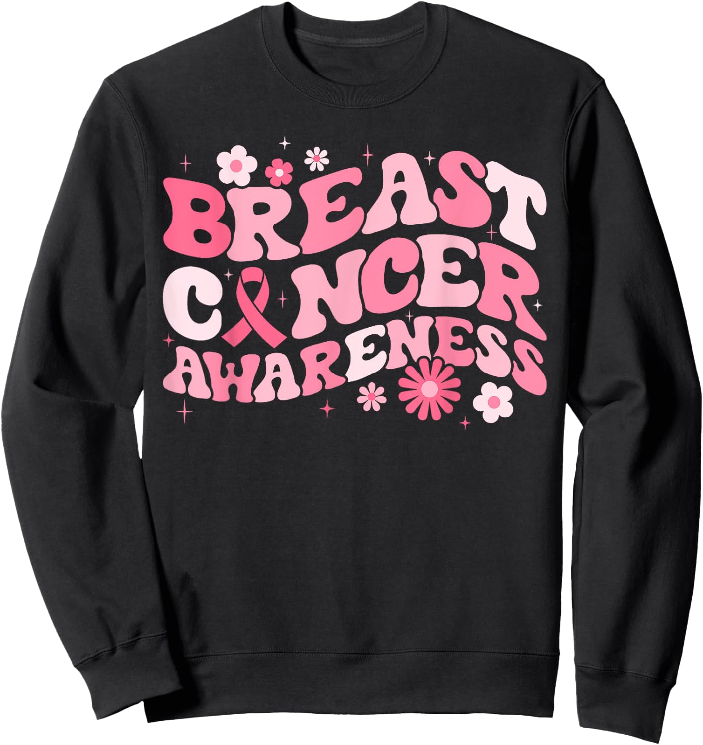 Groovy Breast Cancer Awareness Pink Ribbon Women Warrior Sweatshirt - Sweatshirt | Black