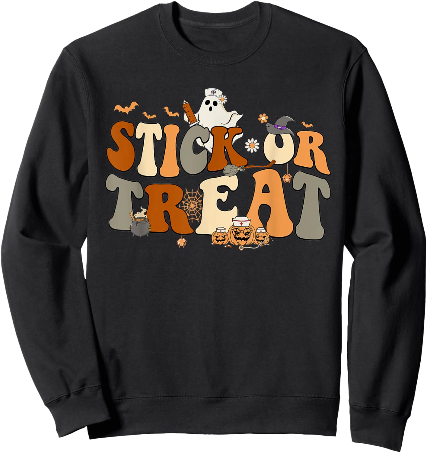 Retro Ghost Stick or Treat Halloween Nurse Spooky Nurse Sweatshirt - Sweatshirt | Black