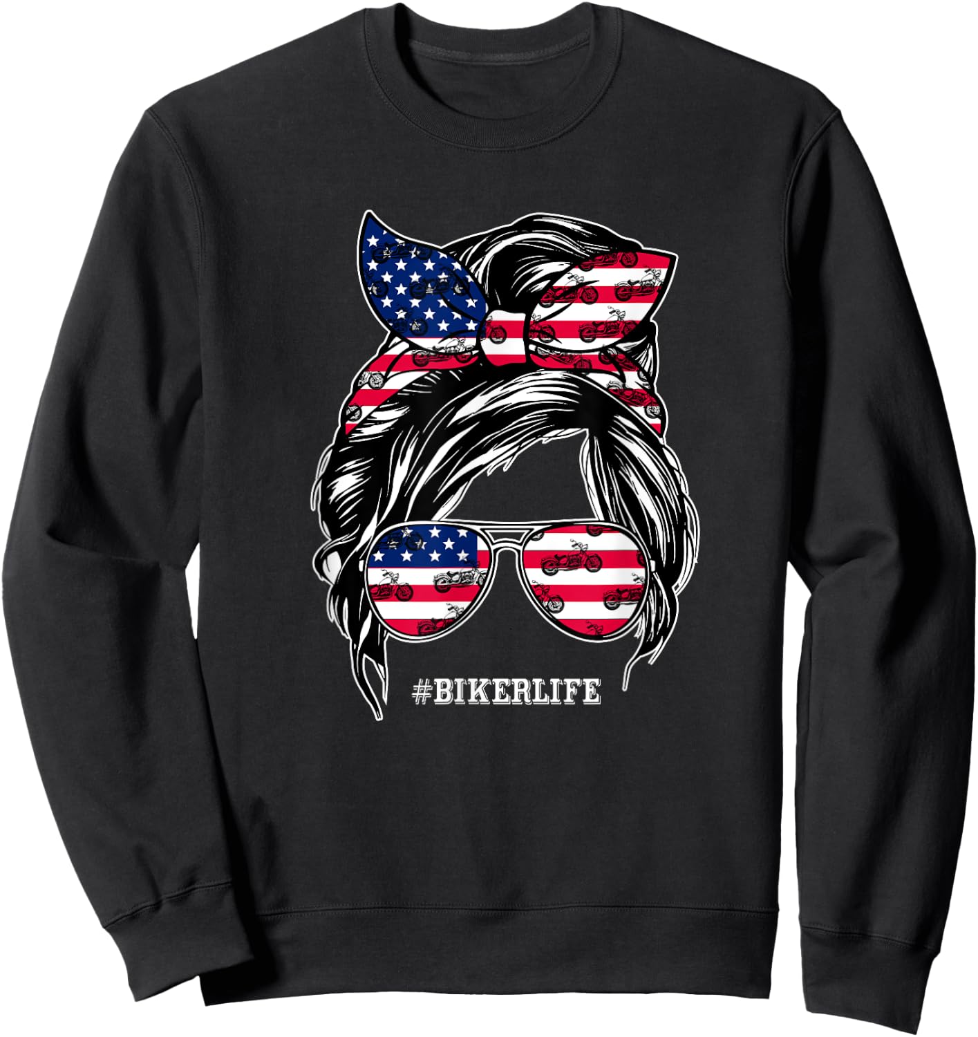 Biker Mom Motorcycle Chick Wife Gifts 4th of July America Sweatshirt - Sweatshirt | Black