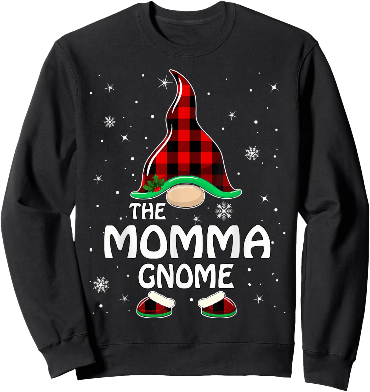 Momma Gnome Buffalo Plaid Matching Family Christmas Pajama Sweatshirt - Sweatshirt | Black
