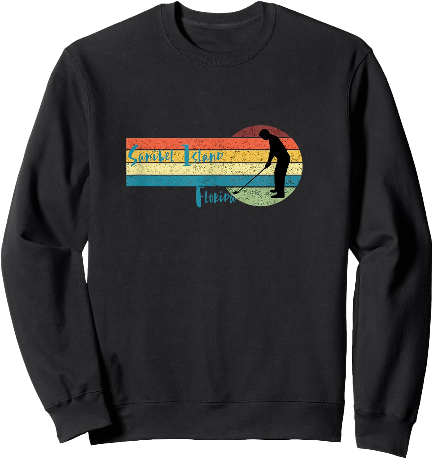 Golf Sanibel Island Fl: Man Golfing in Vintage Sunset Sweatshirt - Sweatshirt | Black