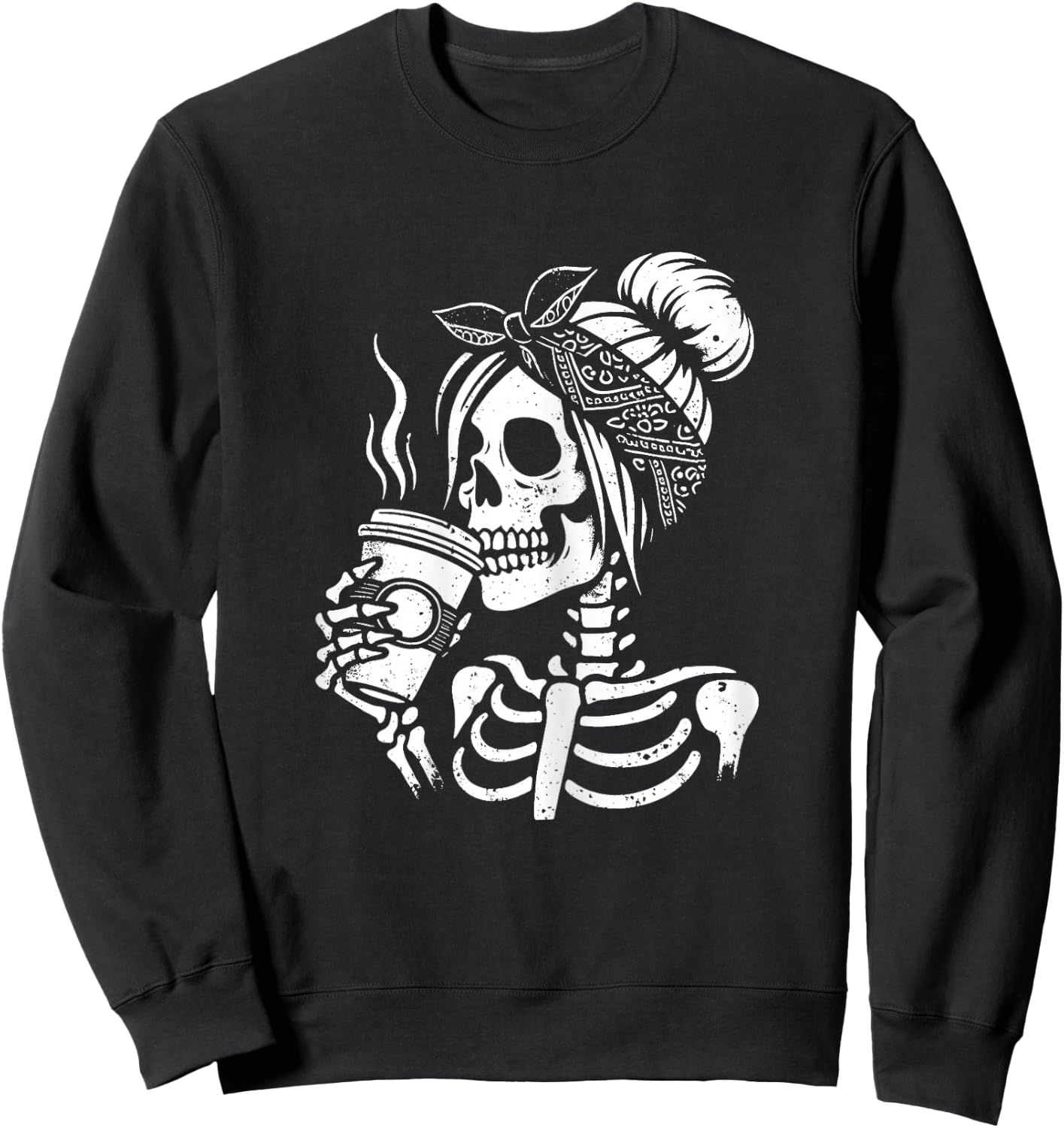 Halloween Skeleton Messy Bun Coffee Funny Costume Mom Women Sweatshirt - Sweatshirt | Black