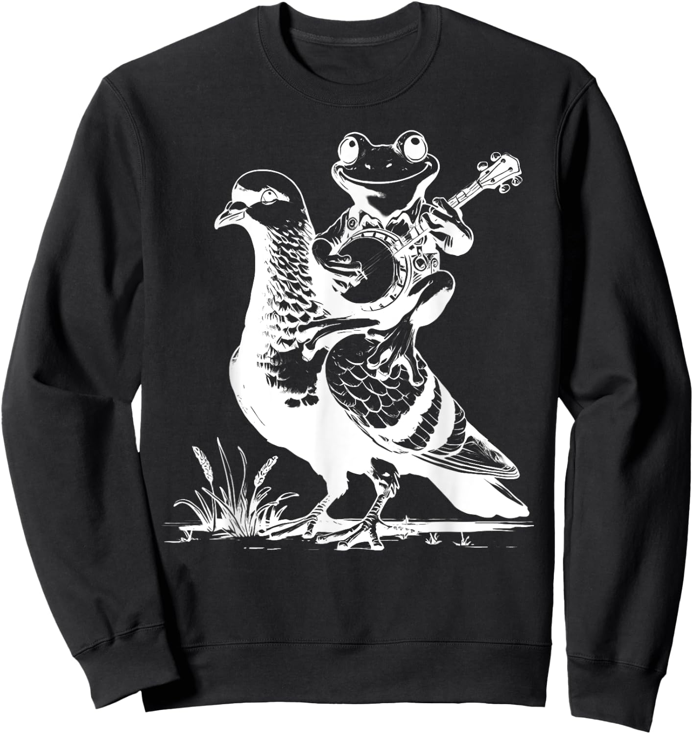 Retro Funny Frog Playing Banjo On Pigeon Animal Lover Sweatshirt - Sweatshirt | Black