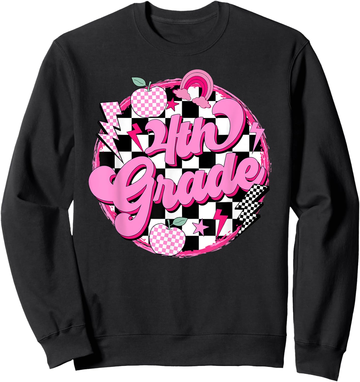 4th Grade Teacher Women Retro Checkered First Day of School Sweatshirt - Sweatshirt | Black
