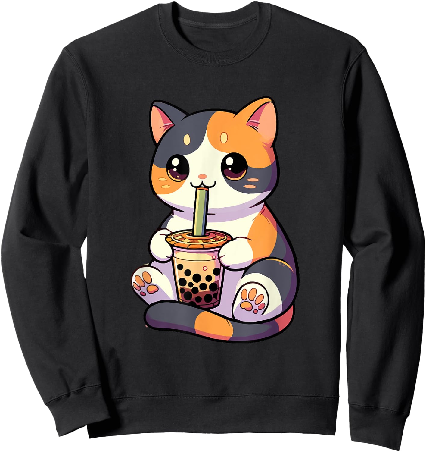Cat Drinking Boba Feline Japanese Pet Kawaii Boba Calico Cat Women Sweatshirt - Sweatshirt | Black