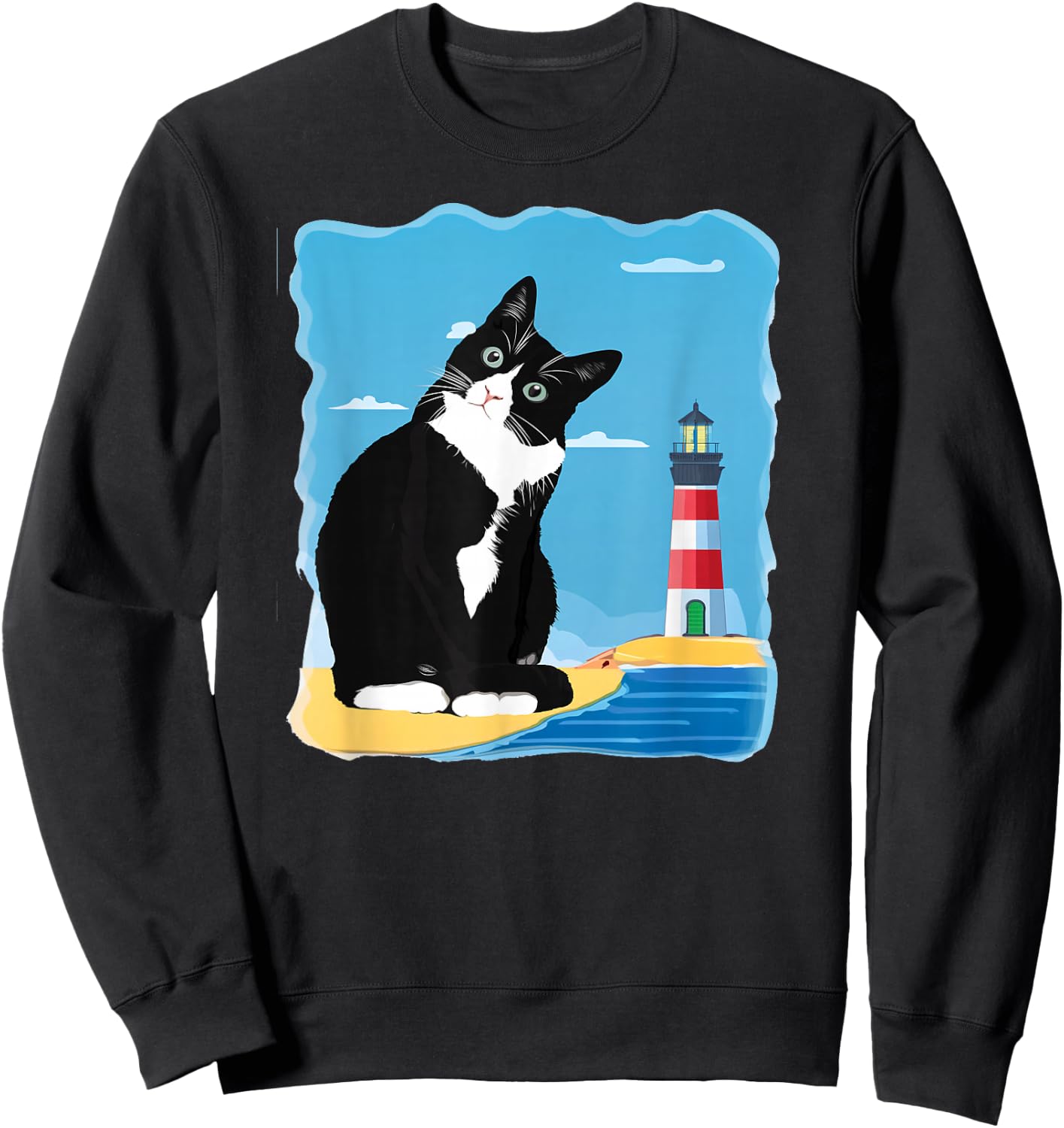 Tuxedo Cat Lighthouse Day Ocean Beach Summer Men Women Girls Kids Sweatshirt - Sweatshirt | Black