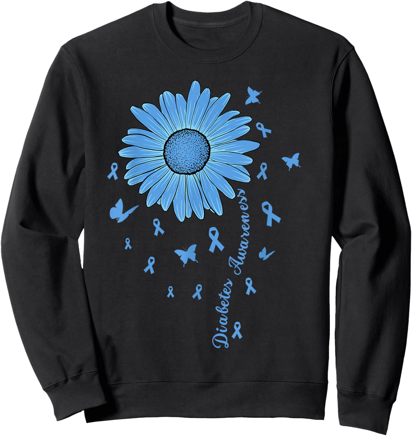 Diabetes Awareness Month Flower Blue Ribbon Diabetic Type 1 Sweatshirt - Sweatshirt | Black