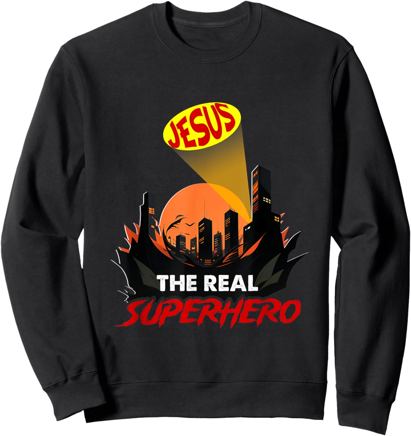Jesus The Real Superhero Bat Signal Night Of City Christian Sweatshirt - Sweatshirt | Black