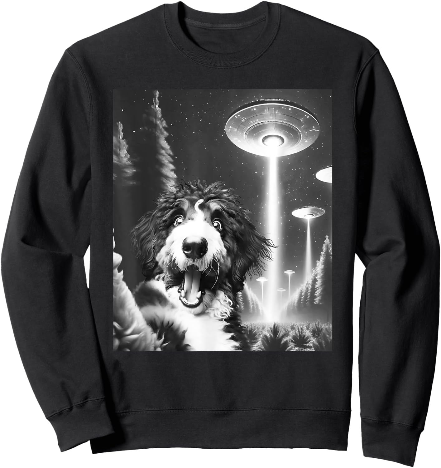 Funny Bernedoodle Alien UFO Taking a Selfie Dog Mom Dad Men Women Kids Sweatshirt - Sweatshirt | Black