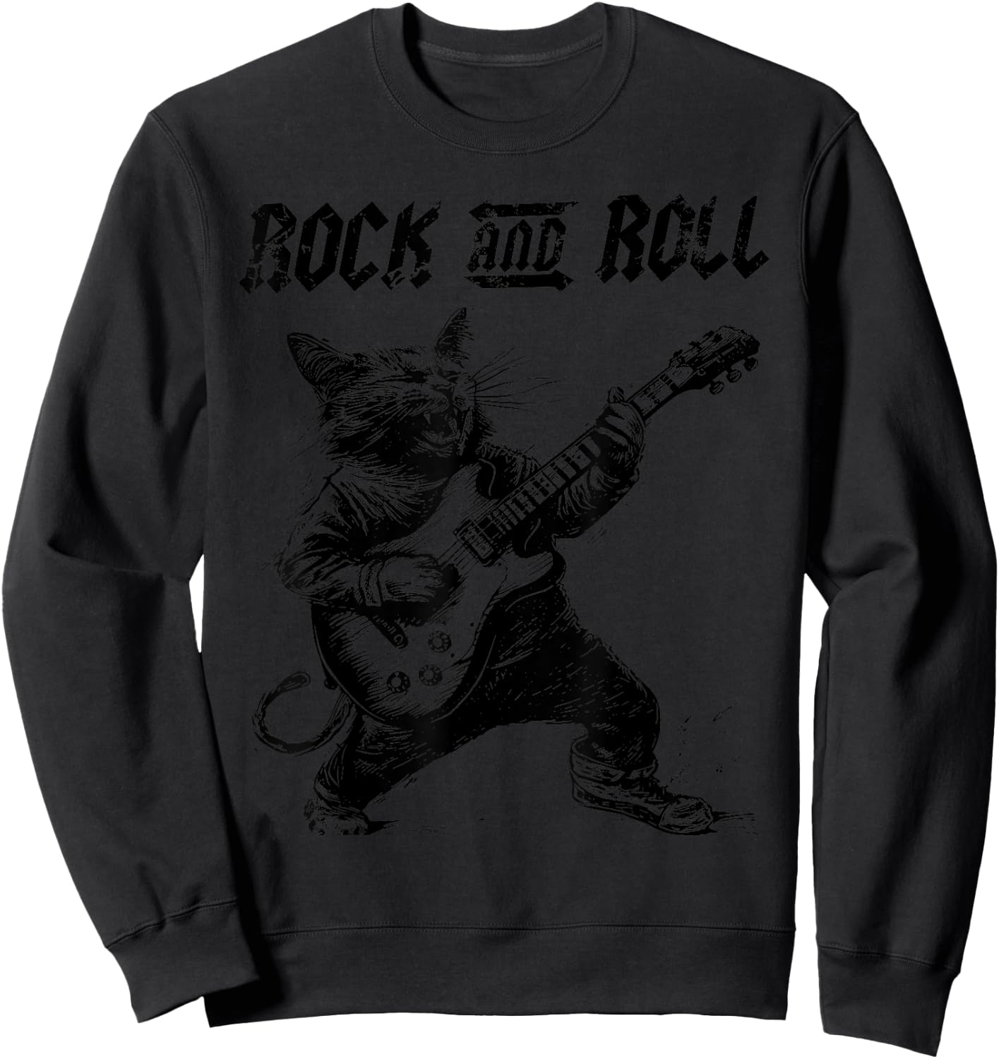 Rock and Roll Guitar Cat Vintage ROCK Guitarist Cat Men Women Girls Kids Sweatshirt - Sweatshirt | Black