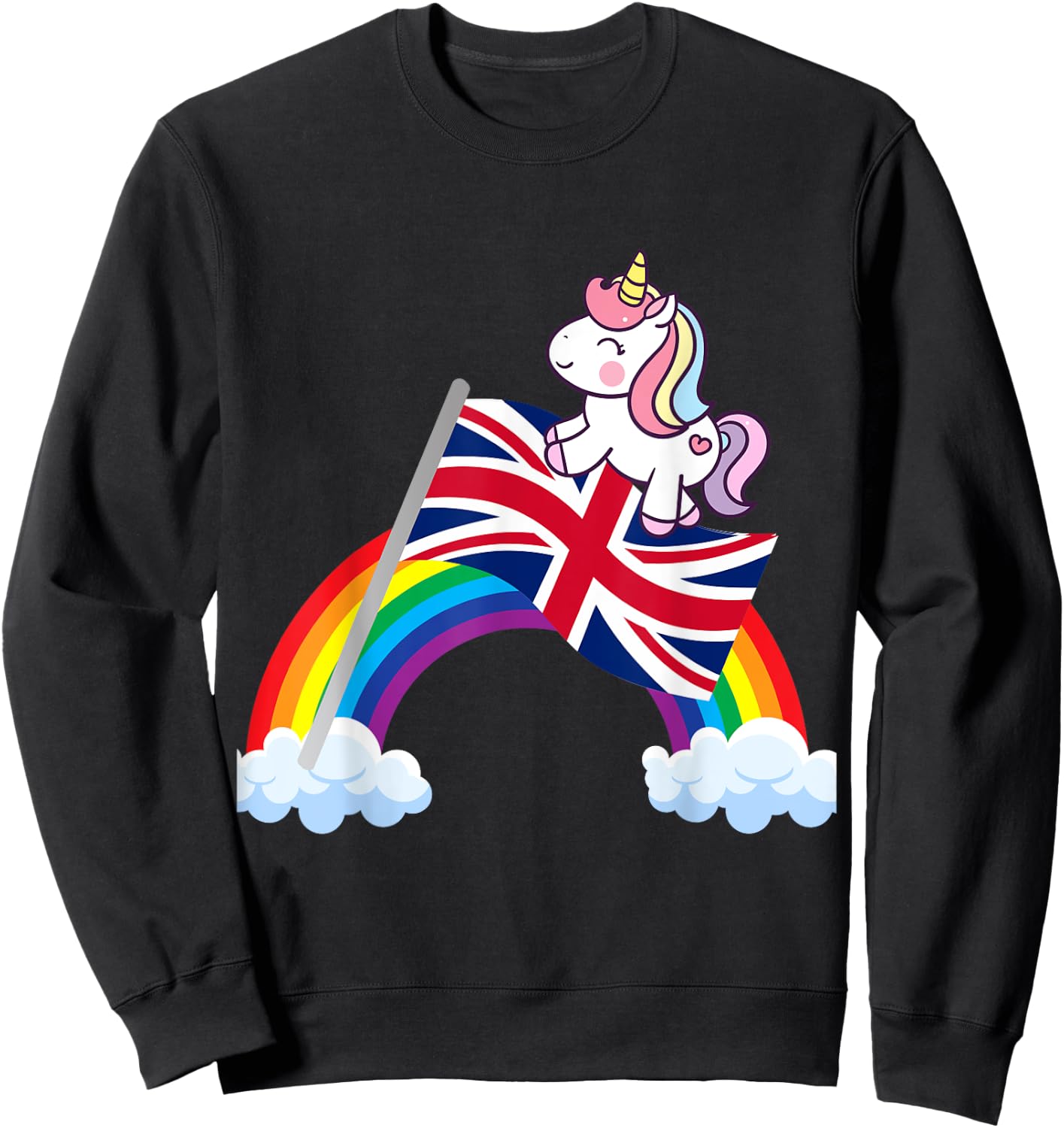 Unicorn Riding British UK Flag Boys Girls Women Kids Rainbow Sweatshirt - Sweatshirt | Black