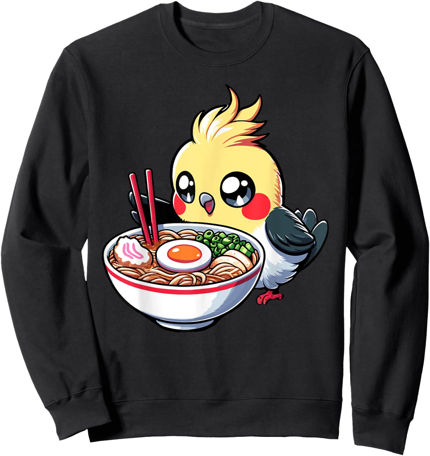 Cute Kawaii Cockatiel Bird Eating Ramen Parrot Lover Funny Sweatshirt - Sweatshirt | Black