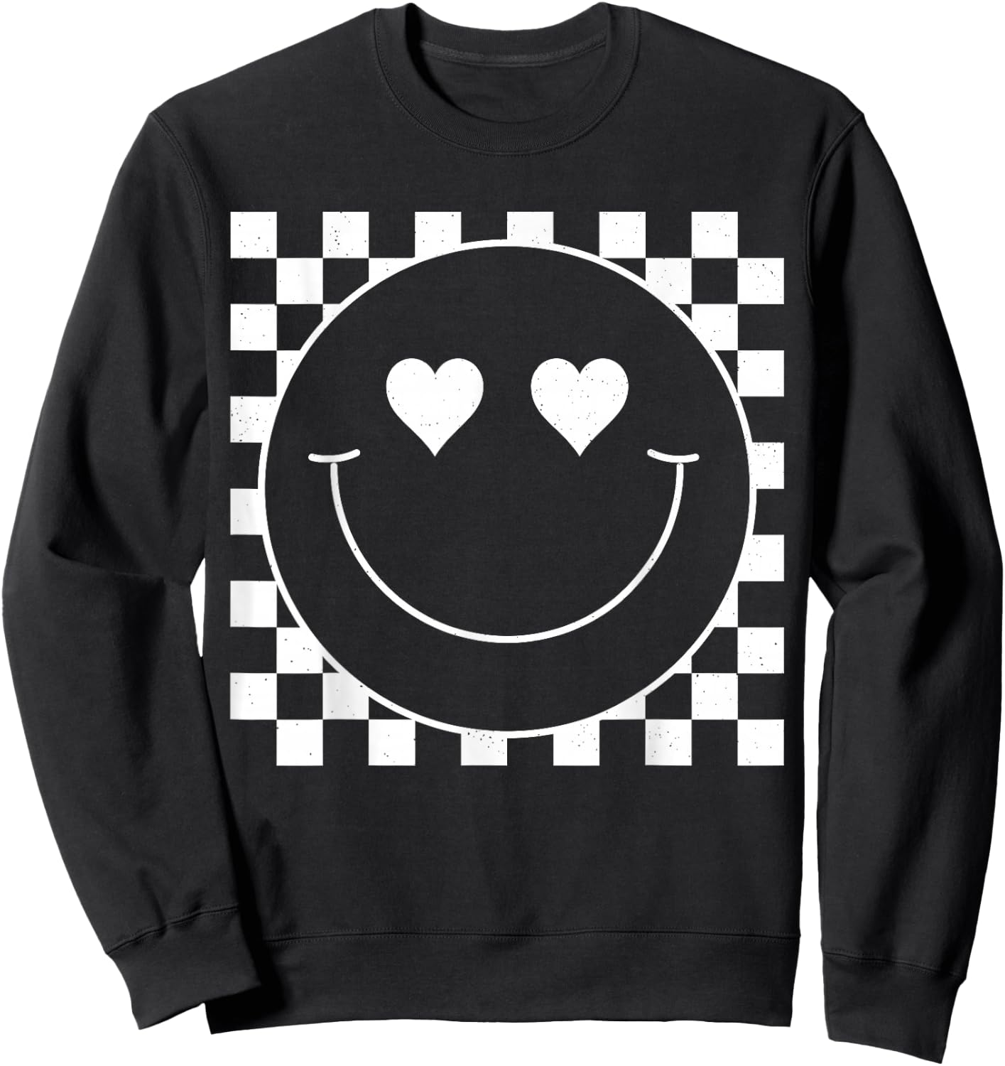 White Checkered 80s Heart Eyes Smile Face Shirt Happy Face Sweatshirt - Sweatshirt | Black